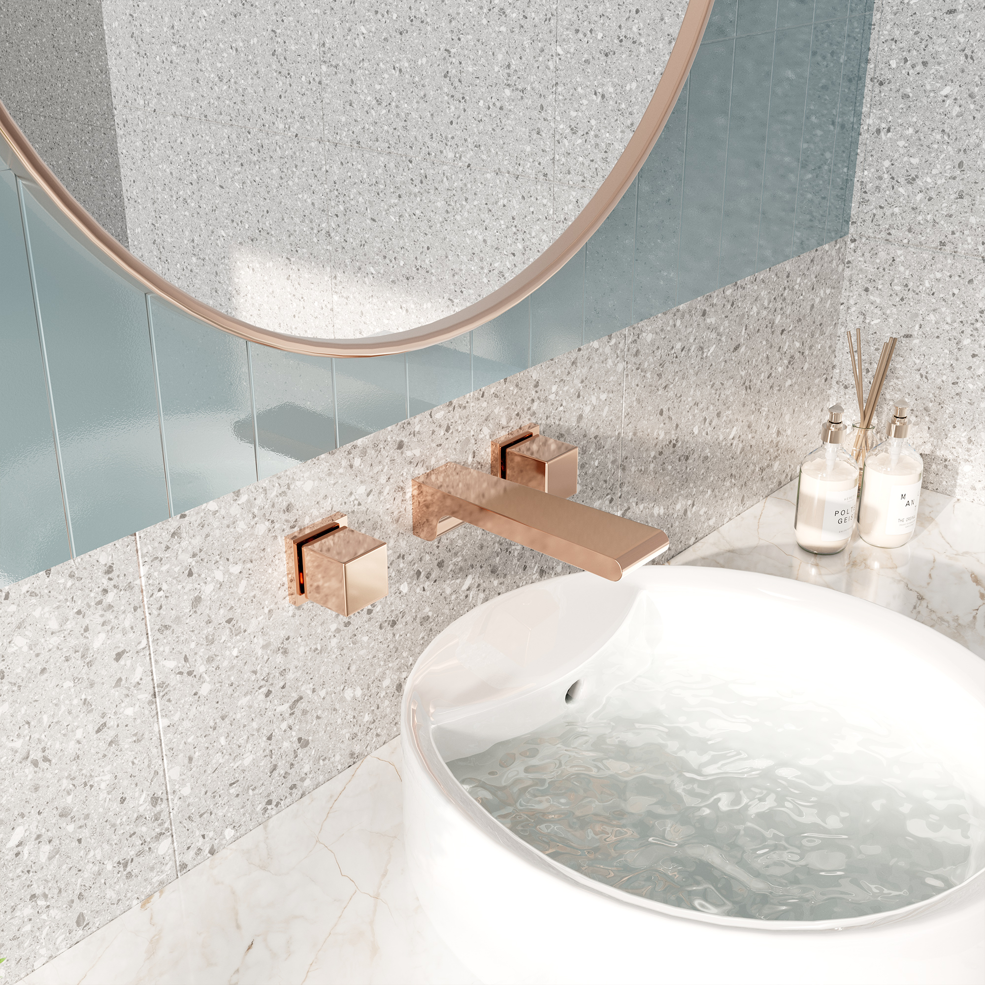 Wall-Mounted Waterfall Bathroom Basin Faucet in Brushed Rose Gold 