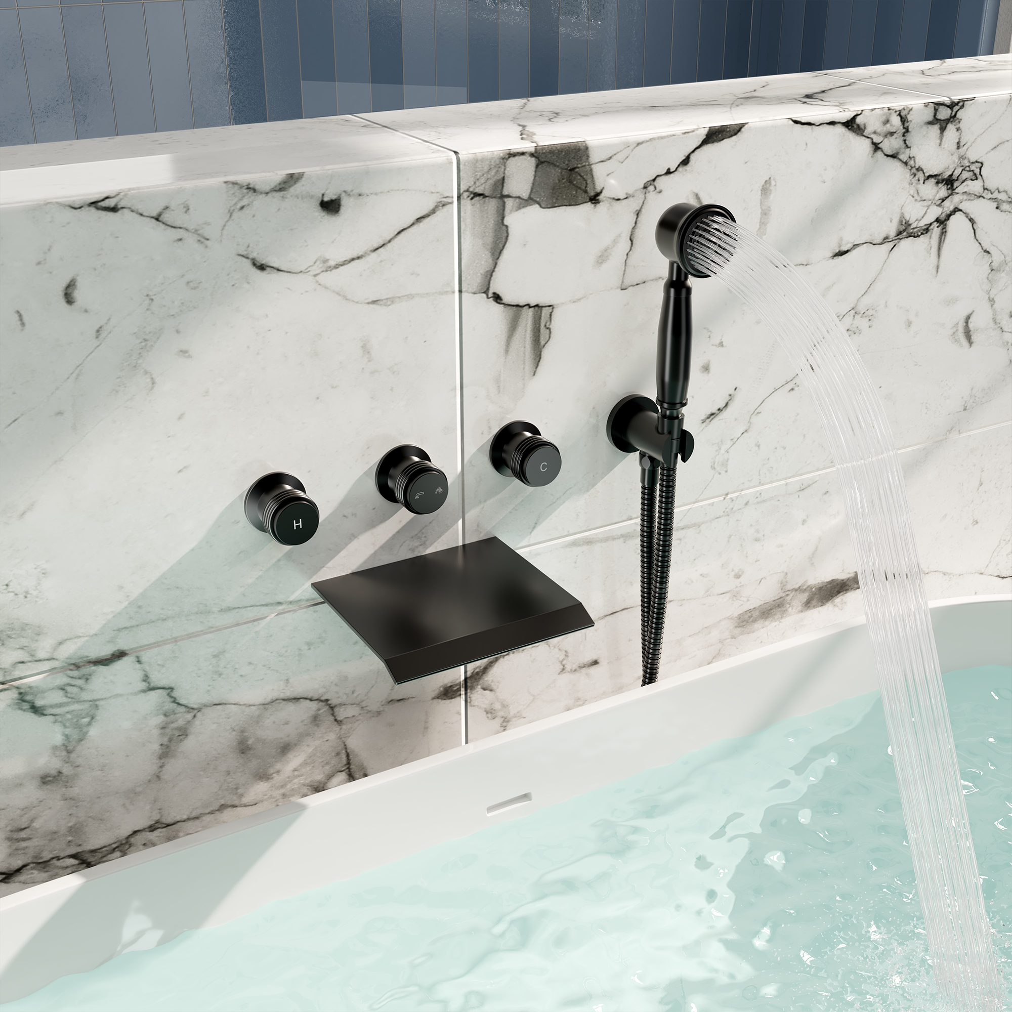 Wall-Mounted Waterfall Bathtub Faucet with Handheld Shower