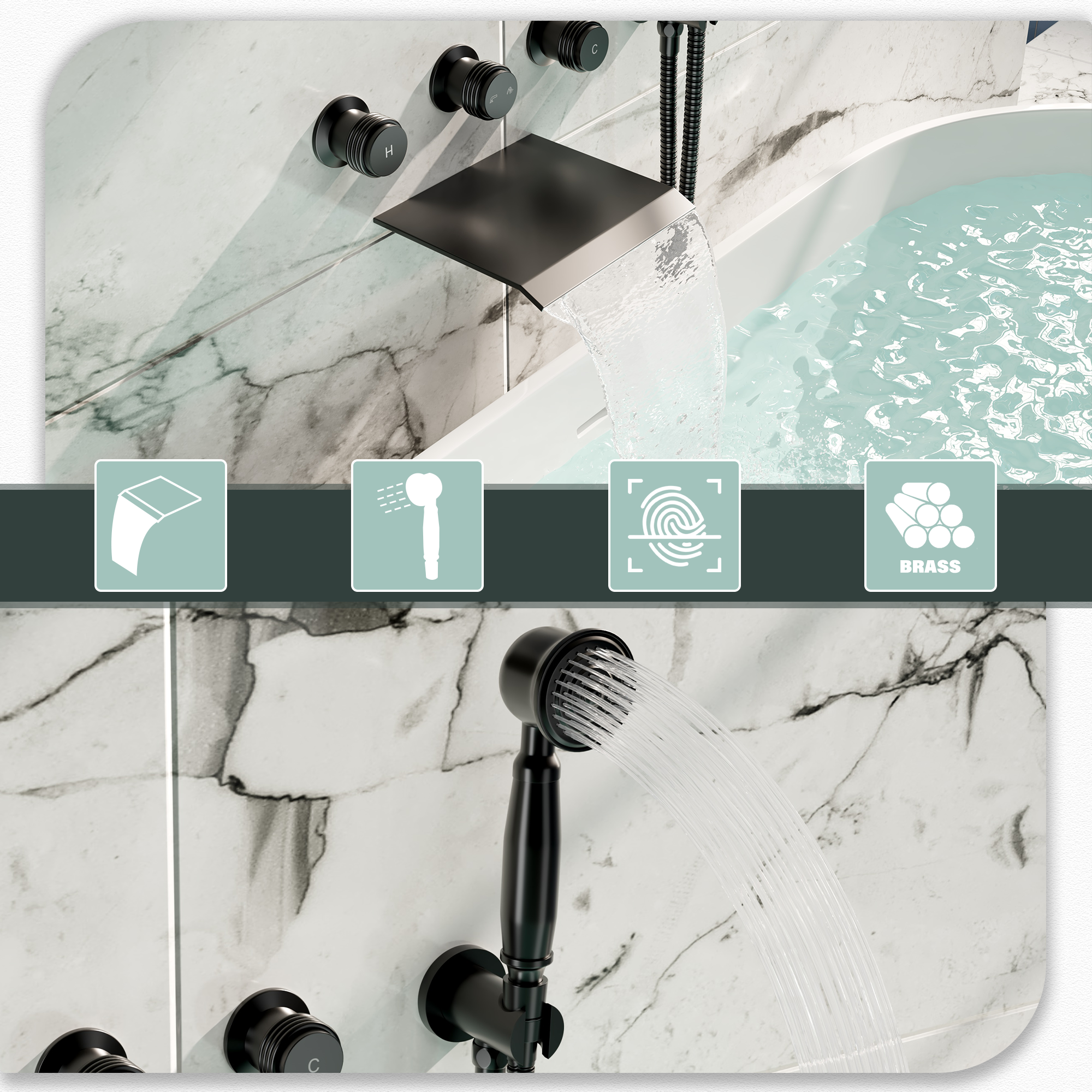 Wall-Mounted Waterfall Bathtub Faucet with Handheld Shower