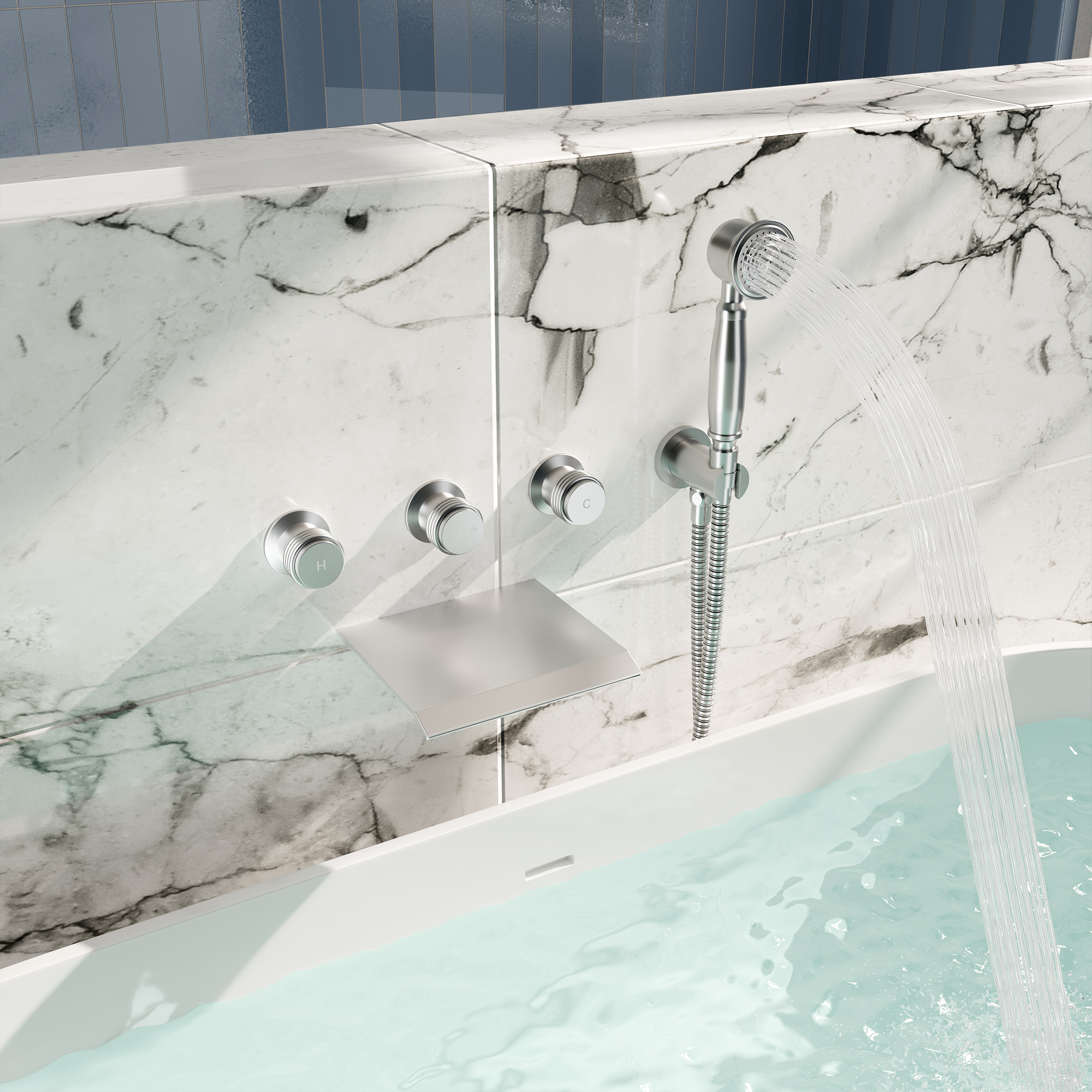 Wall-Mounted Waterfall Bathtub Faucet with Handheld Shower
