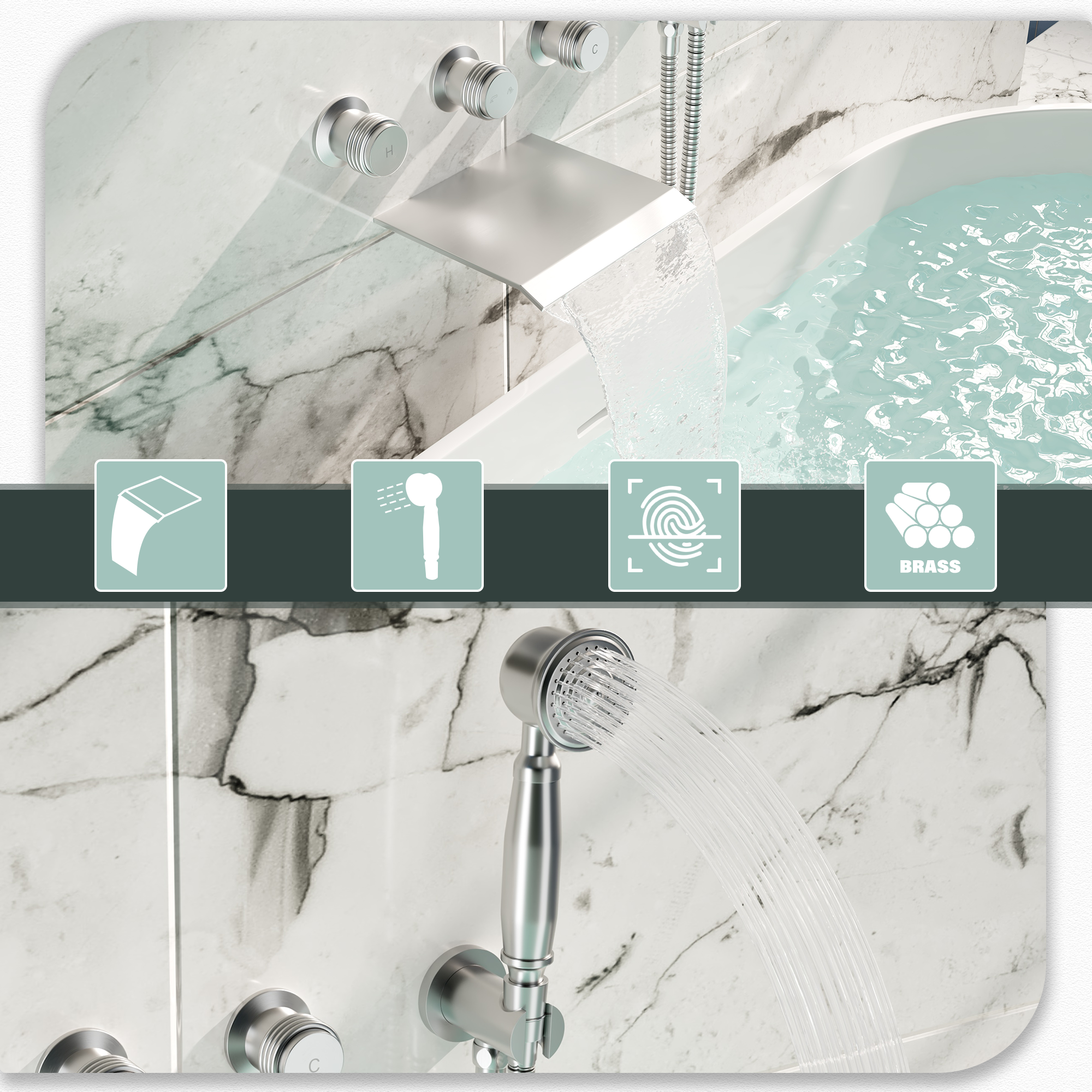 Wall-Mounted Waterfall Bathtub Faucet with Handheld Shower