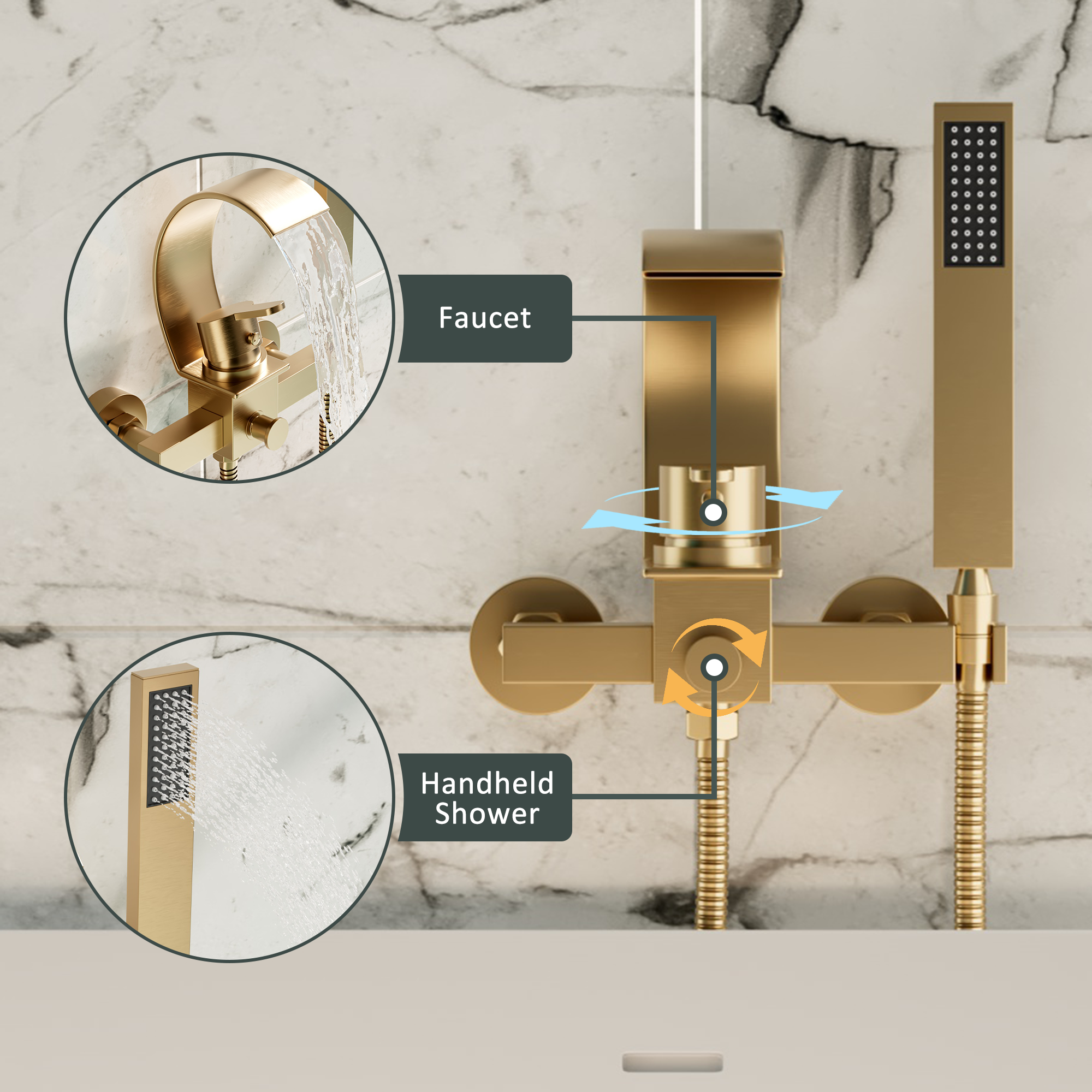 Wall-Mounted Brass Waterfall Tub Filler with Handheld Shower