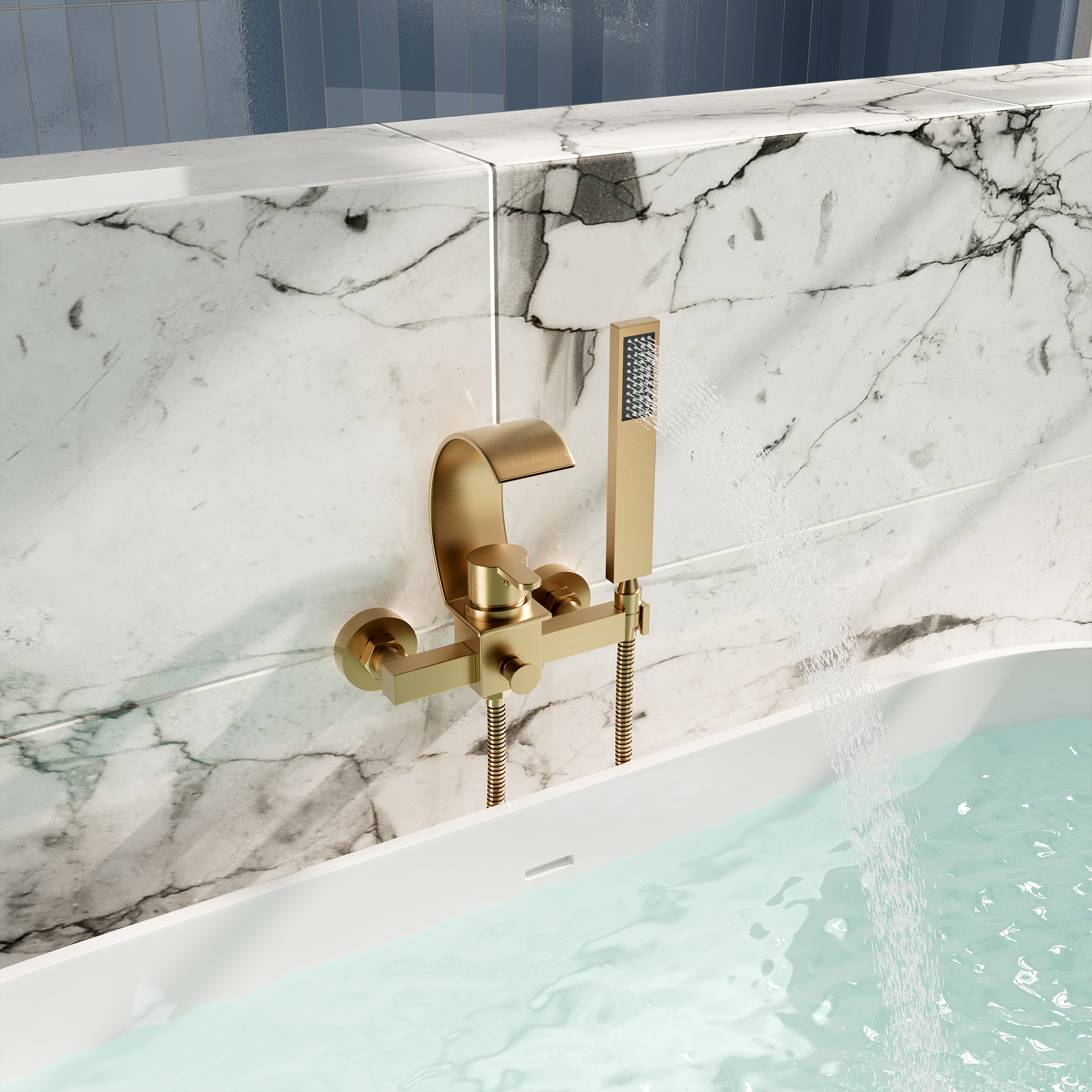 Wall-Mounted Brass Waterfall Tub Filler with Handheld Shower