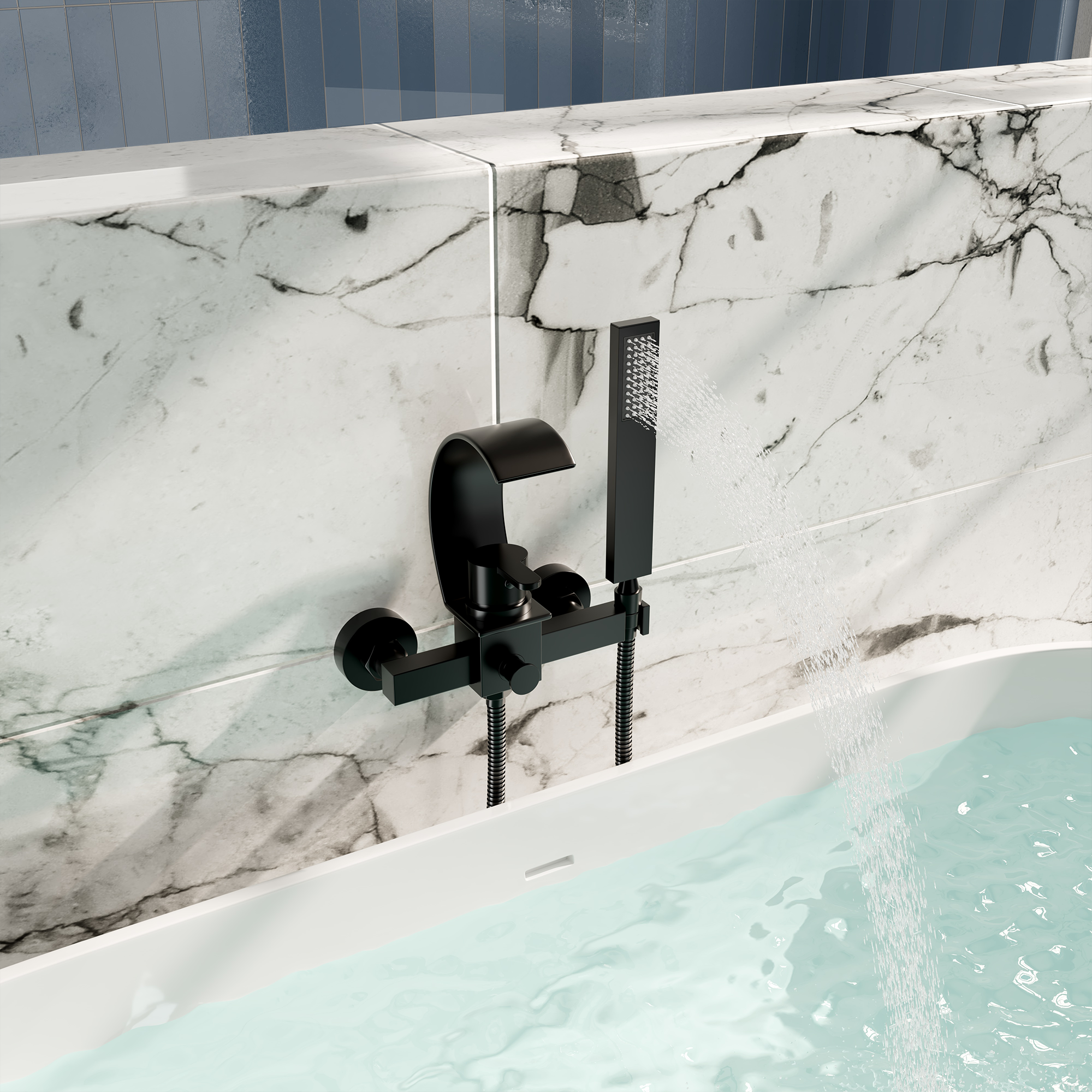 Wall-Mounted Brass Waterfall Tub Filler with Handheld Shower