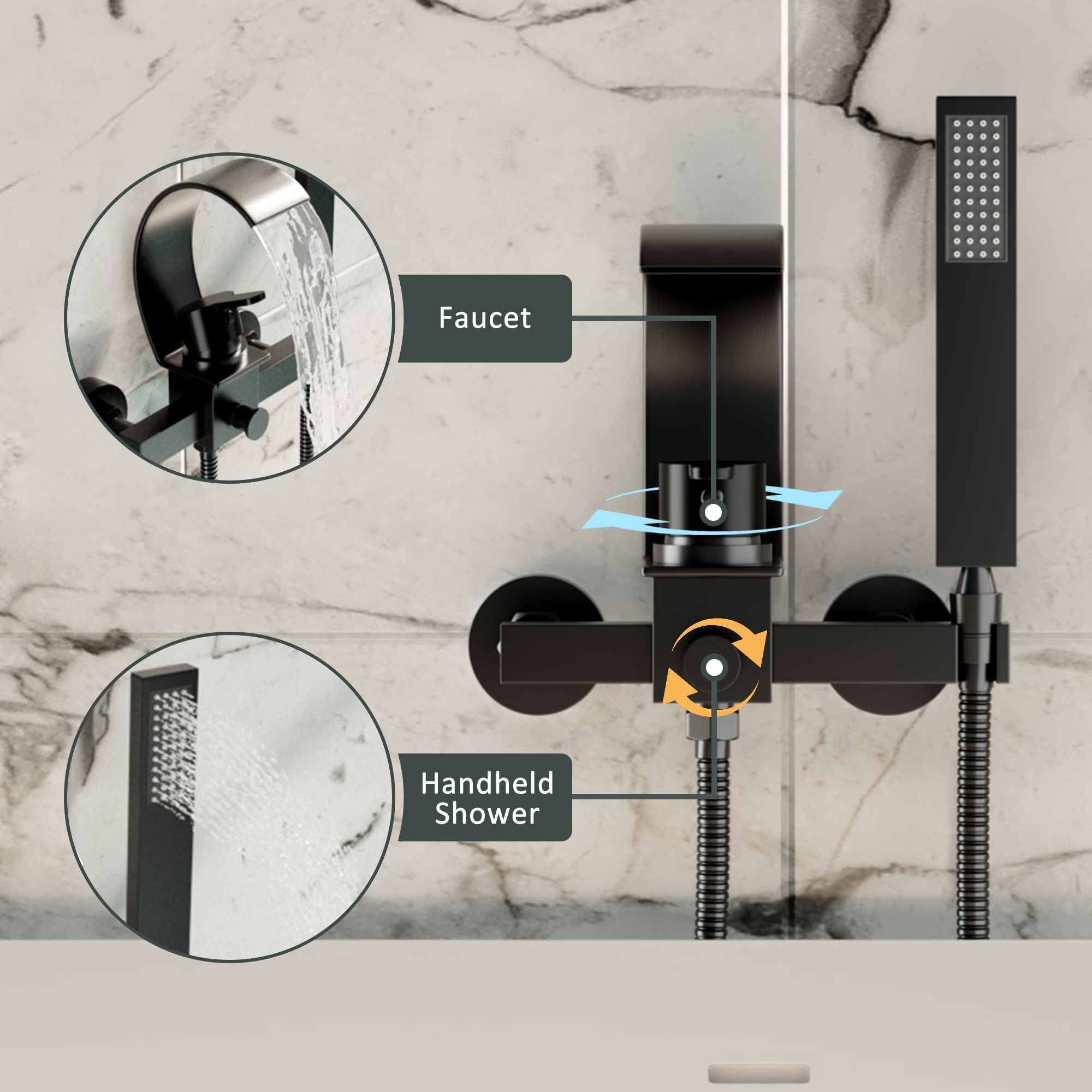 Wall-Mounted Brass Waterfall Tub Filler with Handheld Shower