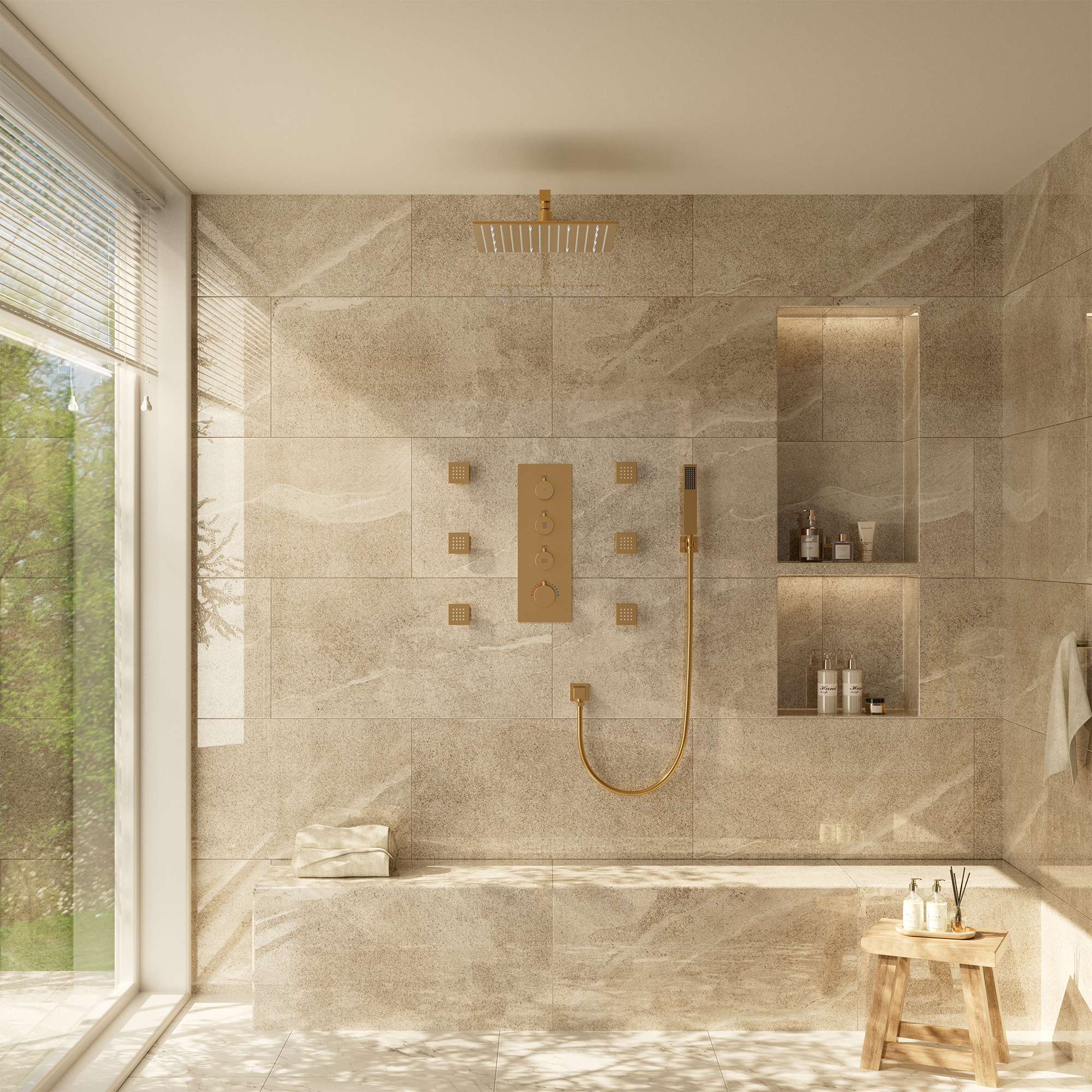 12" Thermostatic LED Shower System Wall-Mount Rain Showerhead with 6 Body Jets