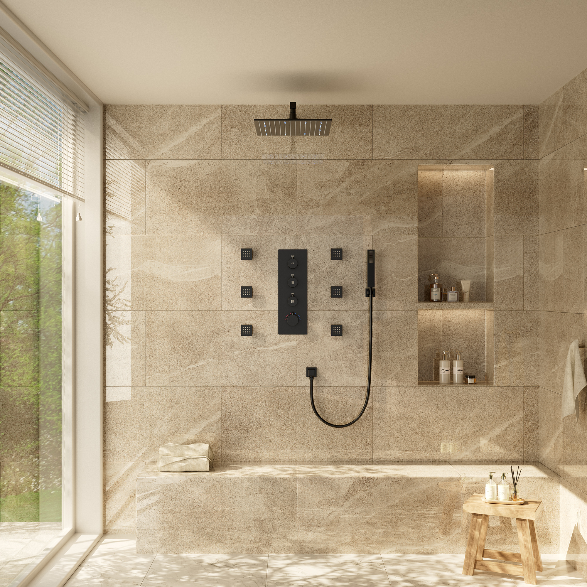 12" Thermostatic LED Shower System Wall-Mount Rain Showerhead with 6 Body Jets