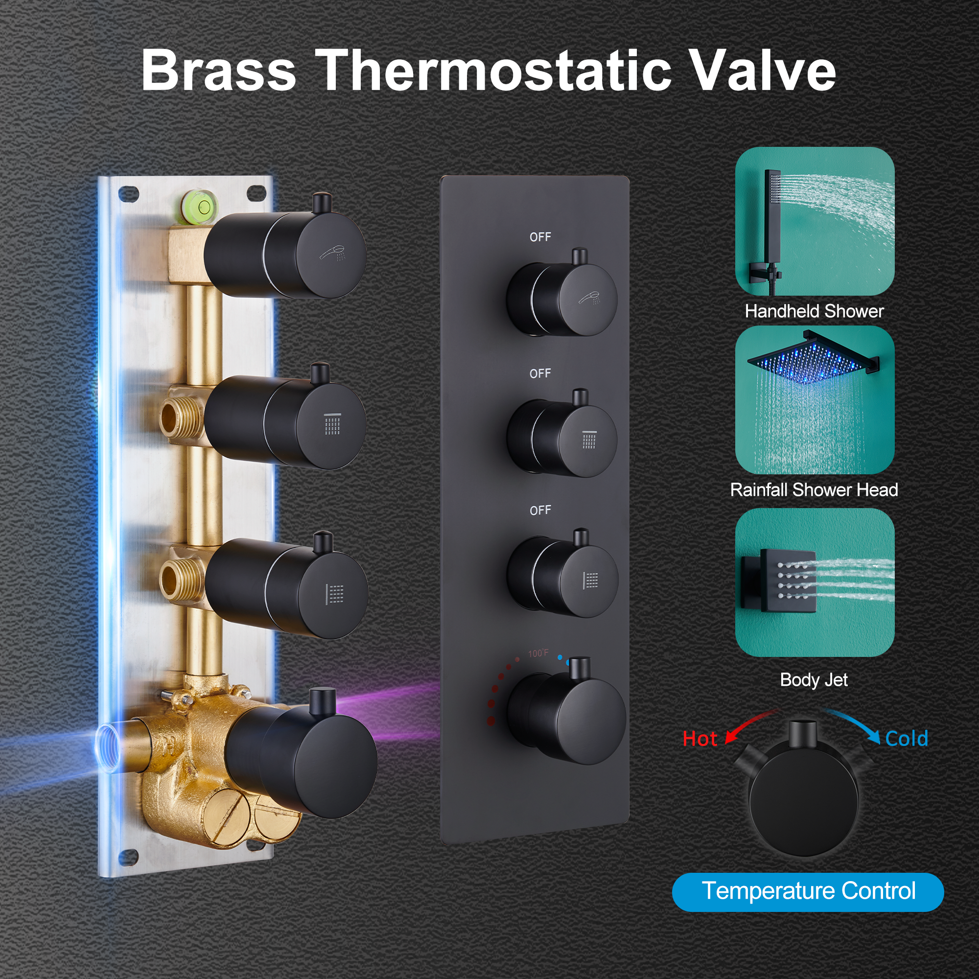 12" Thermostatic LED Shower System Wall-Mount Rain Showerhead with 6 Body Jets