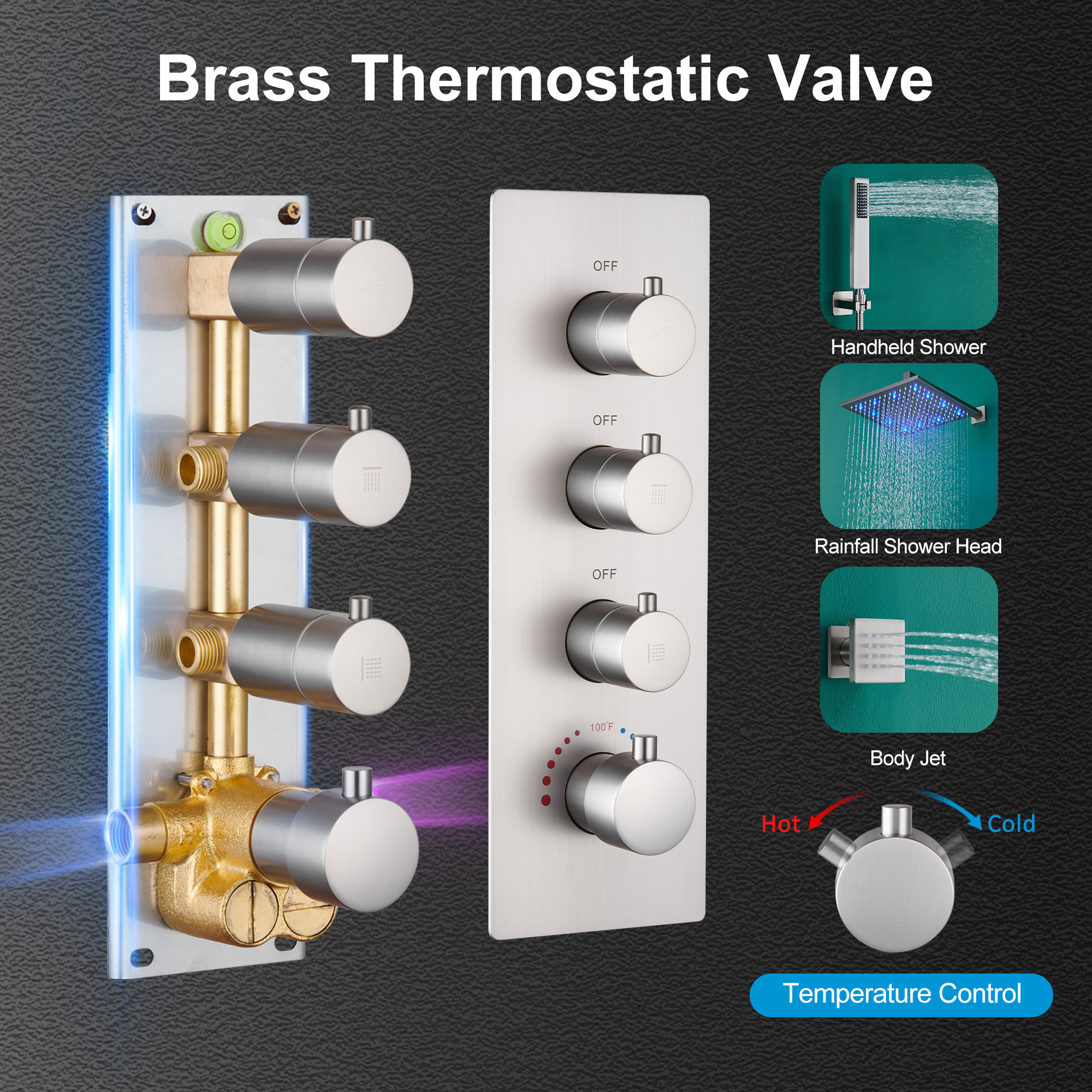 12" Thermostatic LED Shower System Wall-Mount Rain Showerhead with 6 Body Jets