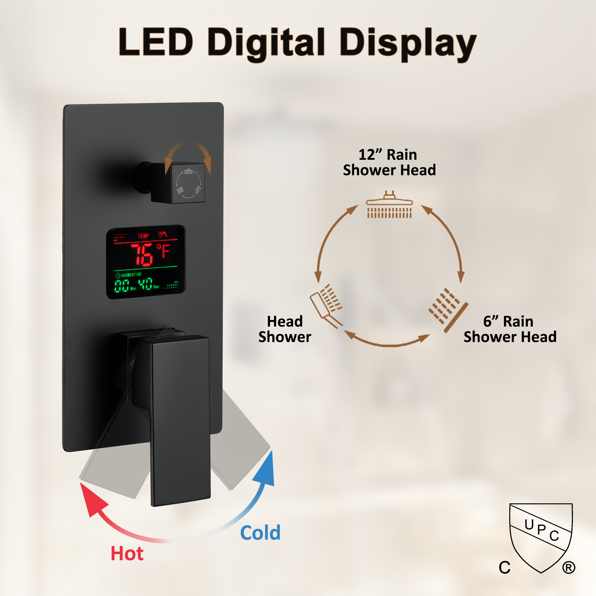 12" Ceiling-Mounted Shower System with Digital Display & 6 Body Jets