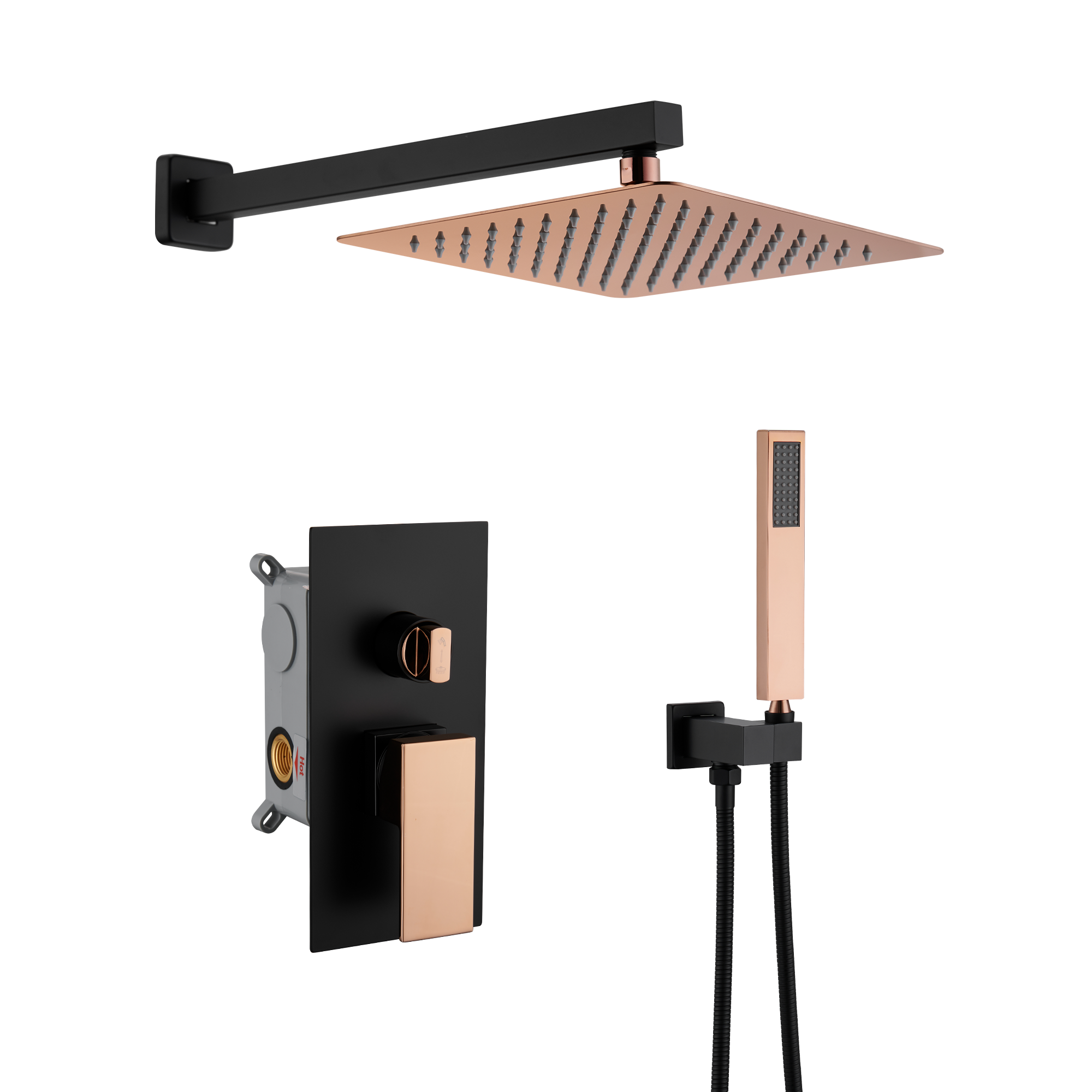 10” Rose Gold and Black Wall-Mounted Shower System with Handheld Shower