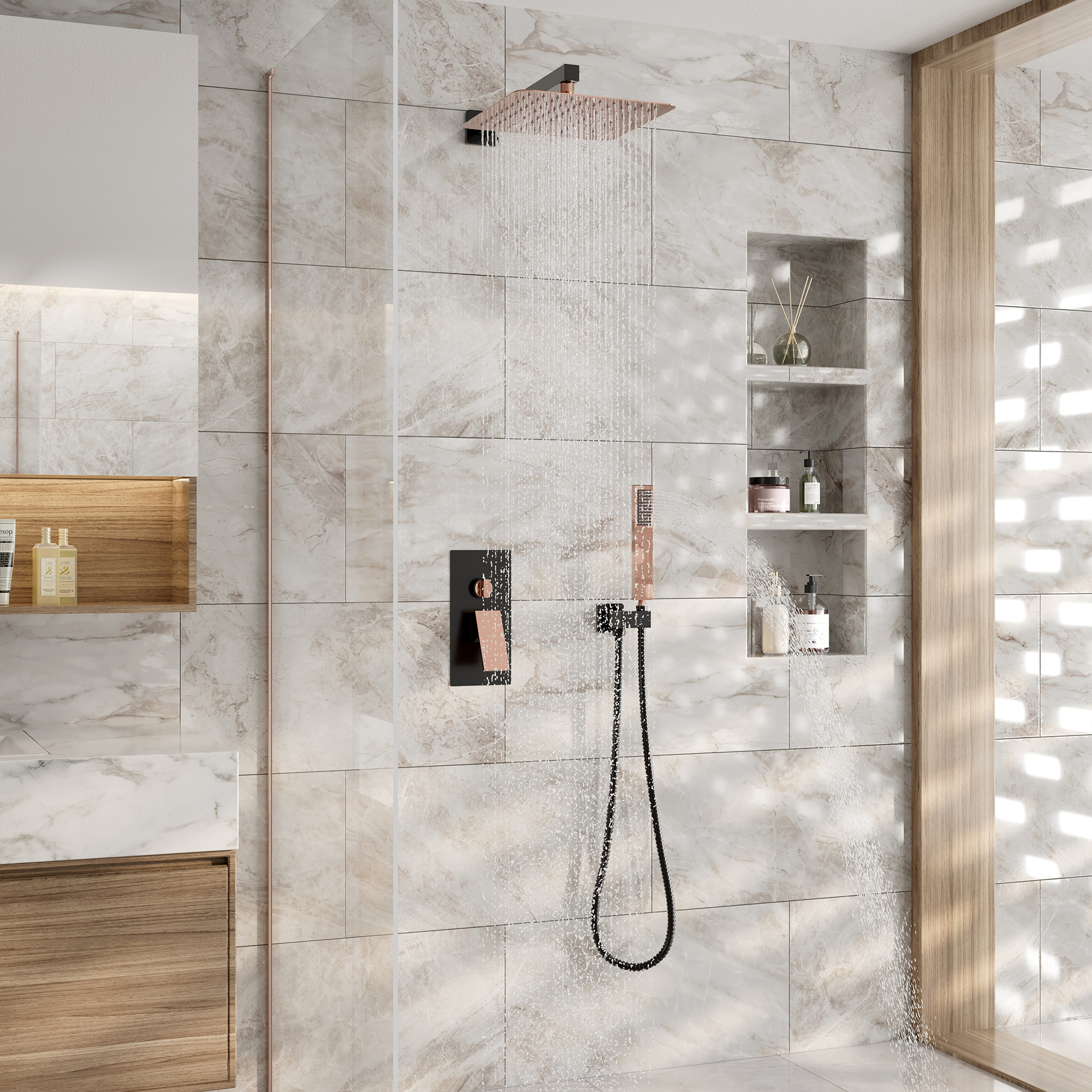 10” Rose Gold and Black Wall-Mounted Shower System with Handheld Shower