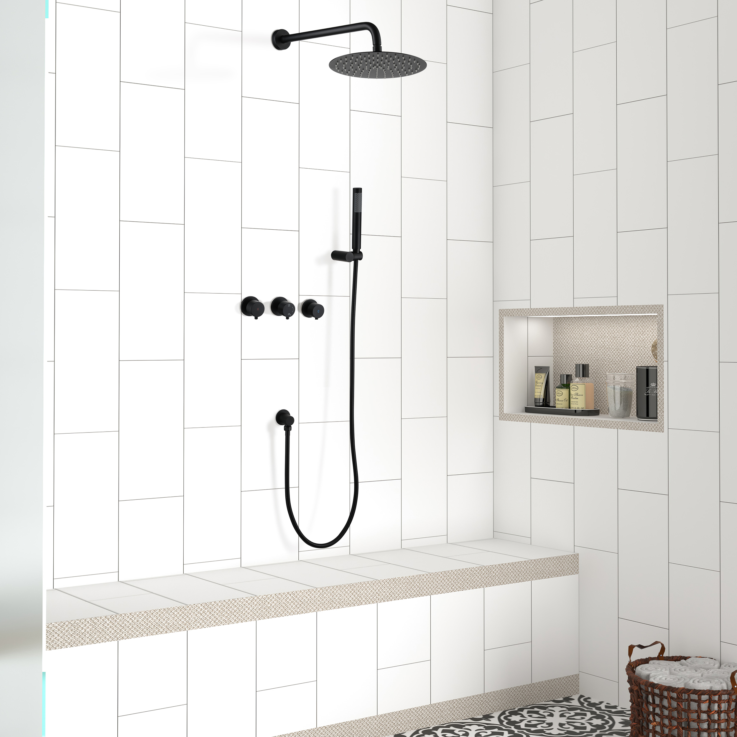 10" Matte Black Built-in Rainfall Shower System with Hand Shower