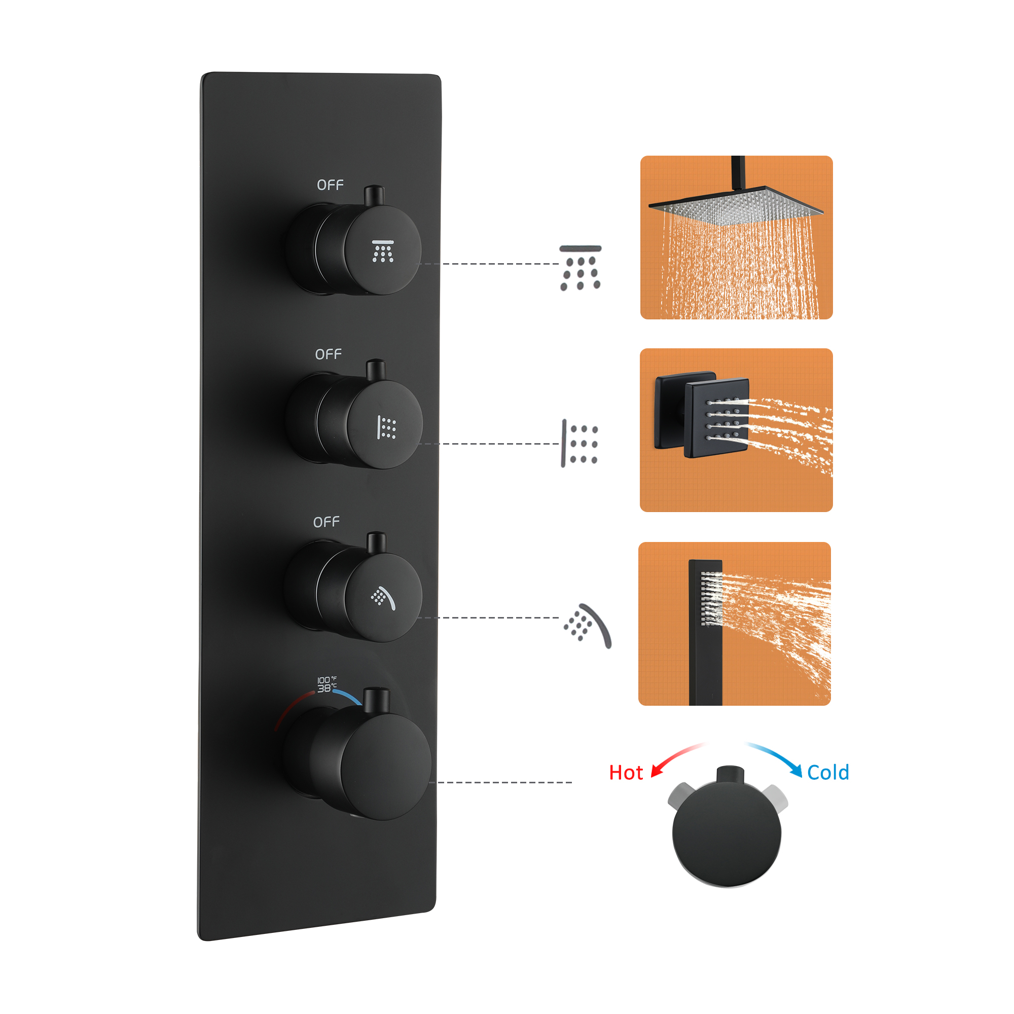 12" Ceiling-Mounted Rainfall Shower System with Handheld & Body Jets