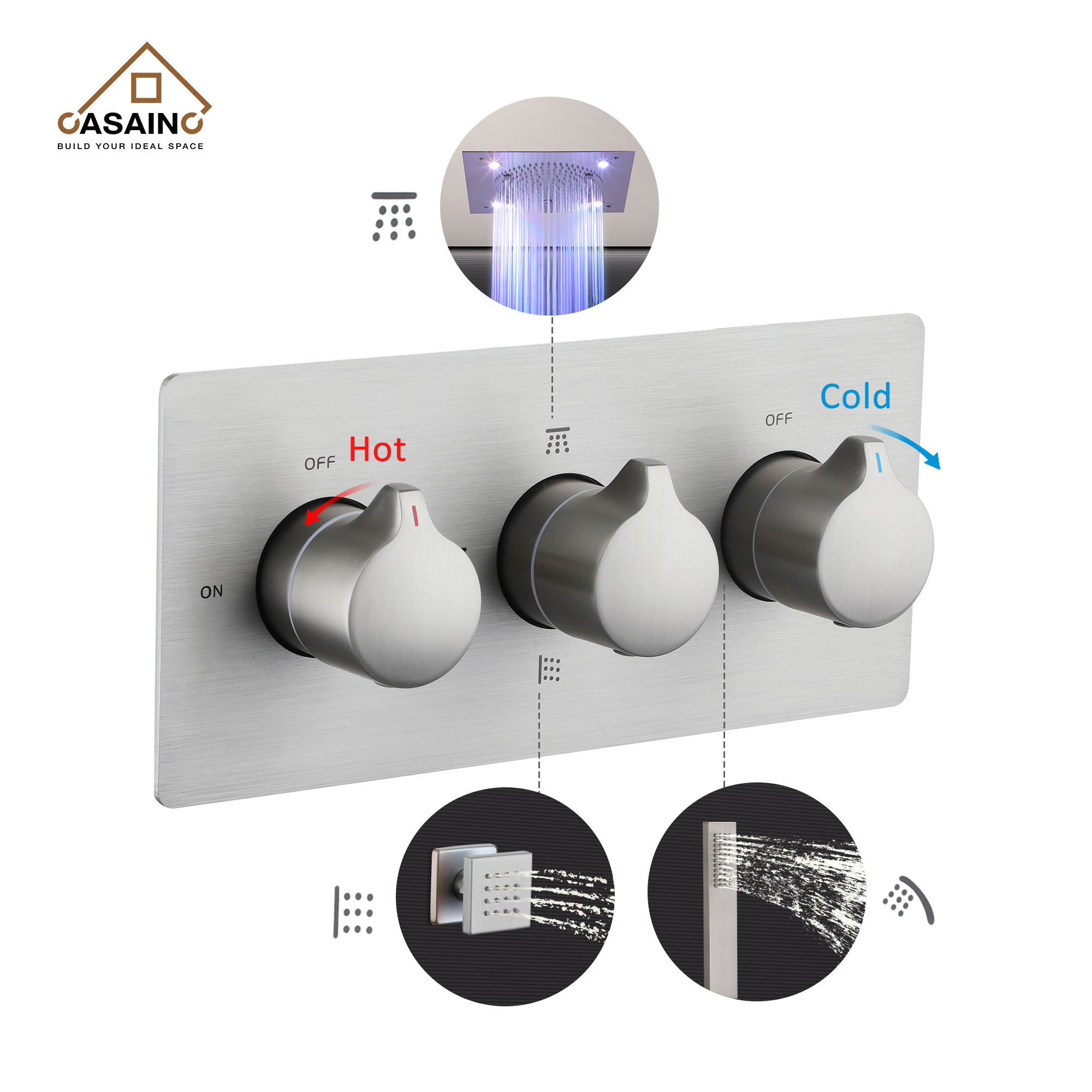 12.59" Flush-Mounted 3-Function Shower System with LED Lights