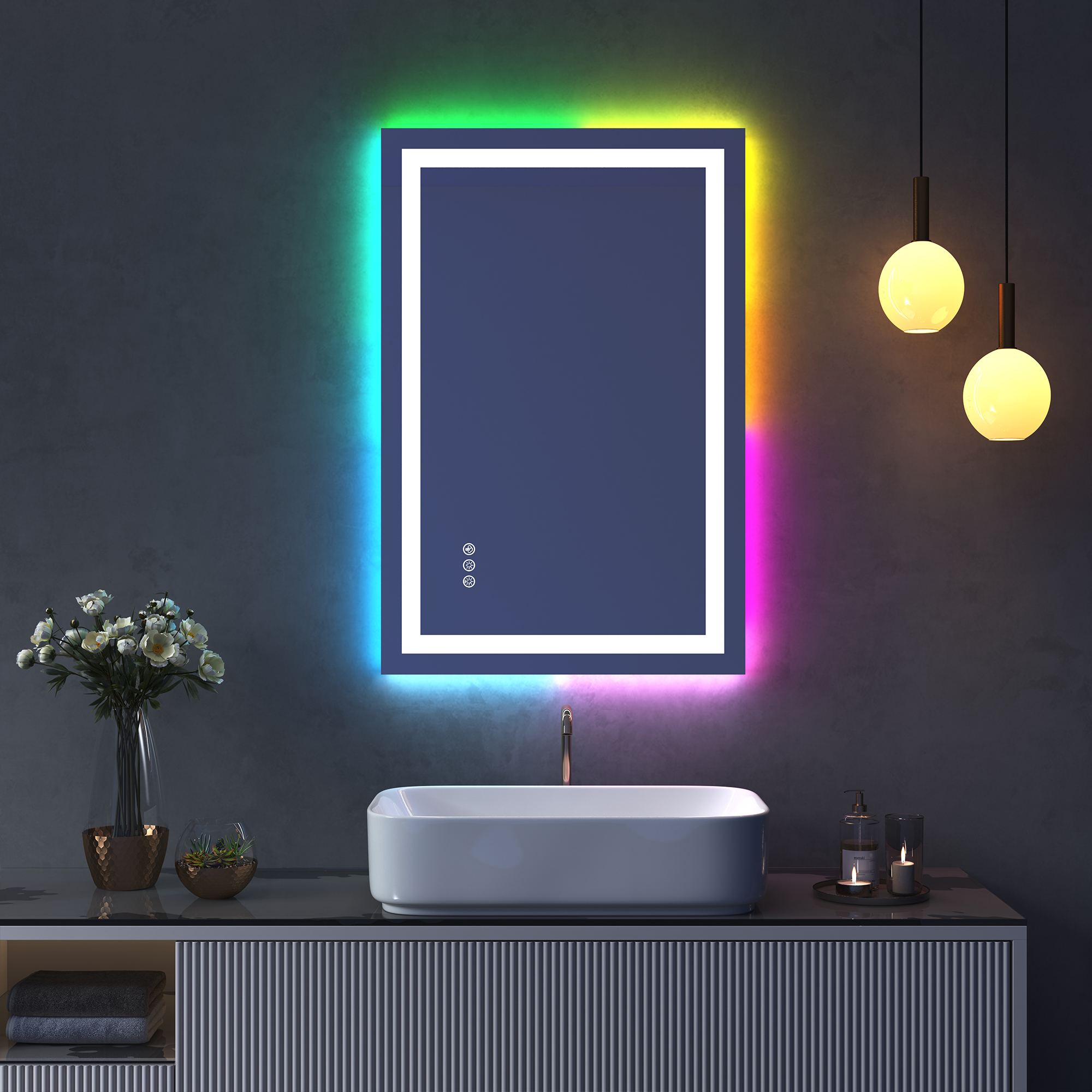 Tempered RGB LED Bathroom Mirror with Smart Controls & Anti-Fog