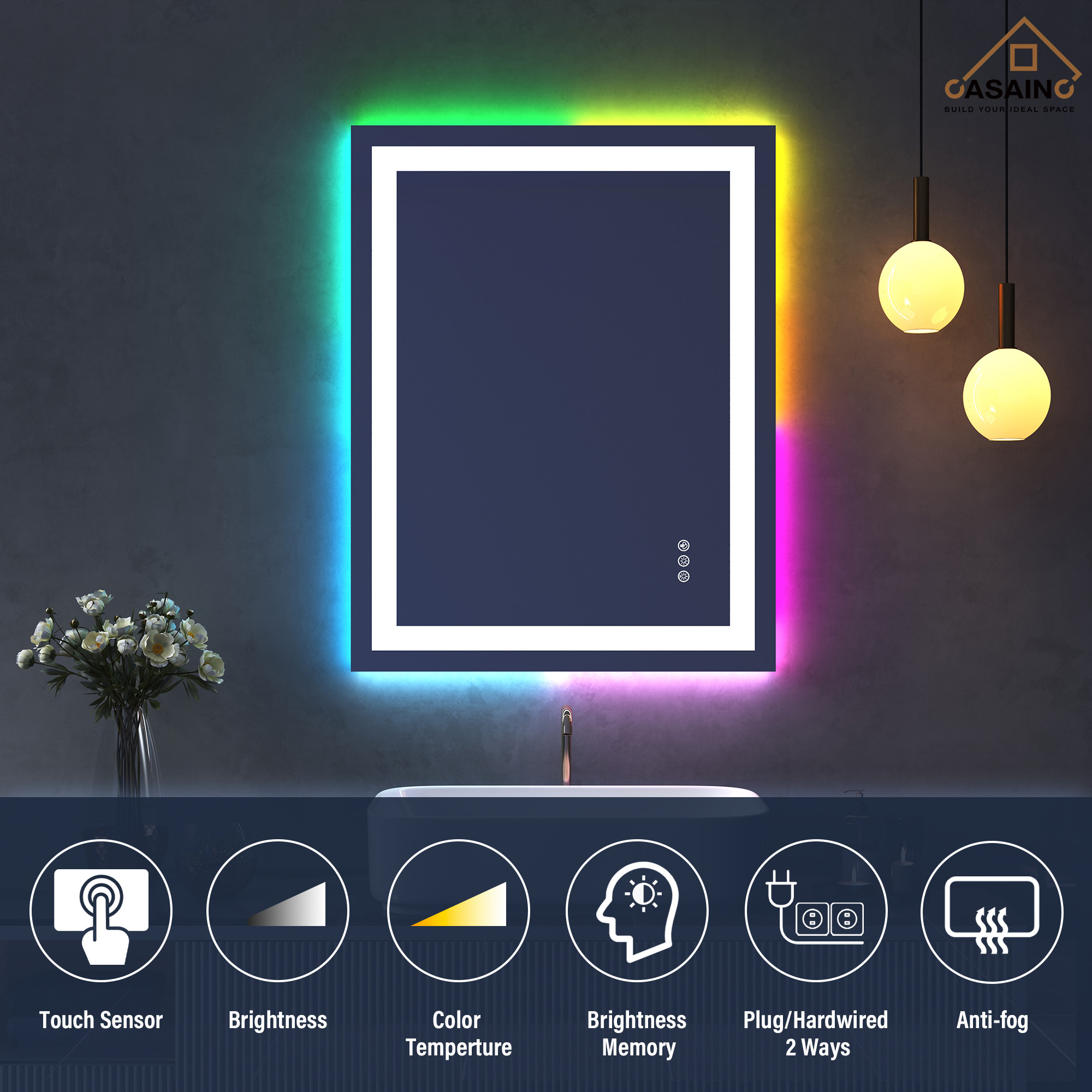 Tempered RGB LED Bathroom Mirror with Smart Controls & Anti-Fog