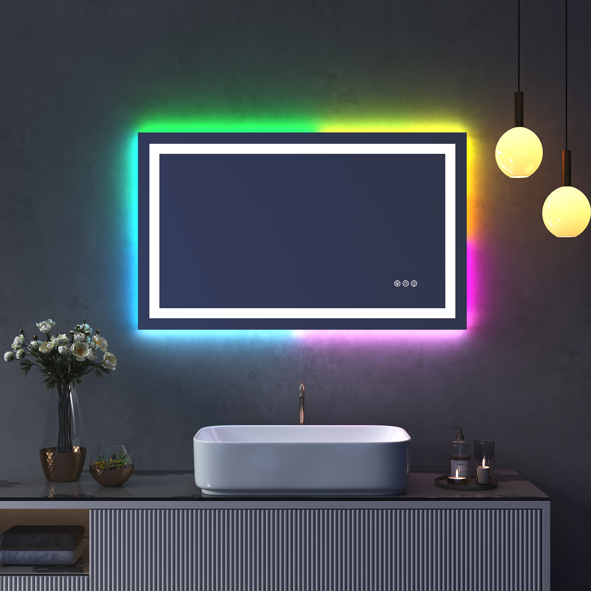 Tempered RGB LED Bathroom Mirror with Smart Controls & Anti-Fog