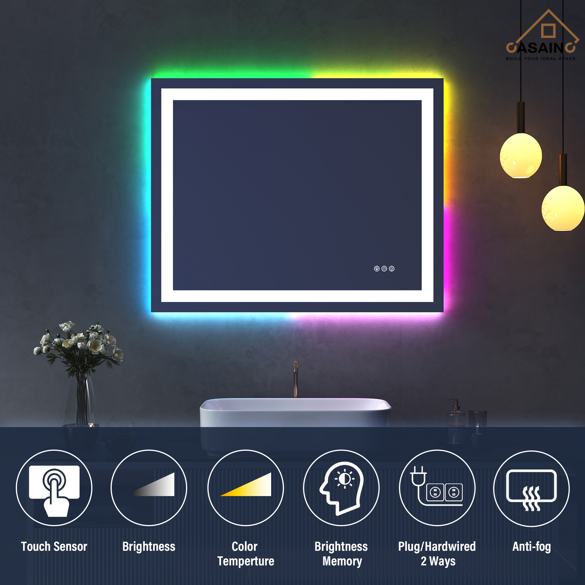 Tempered RGB LED Bathroom Mirror with Smart Controls & Anti-Fog