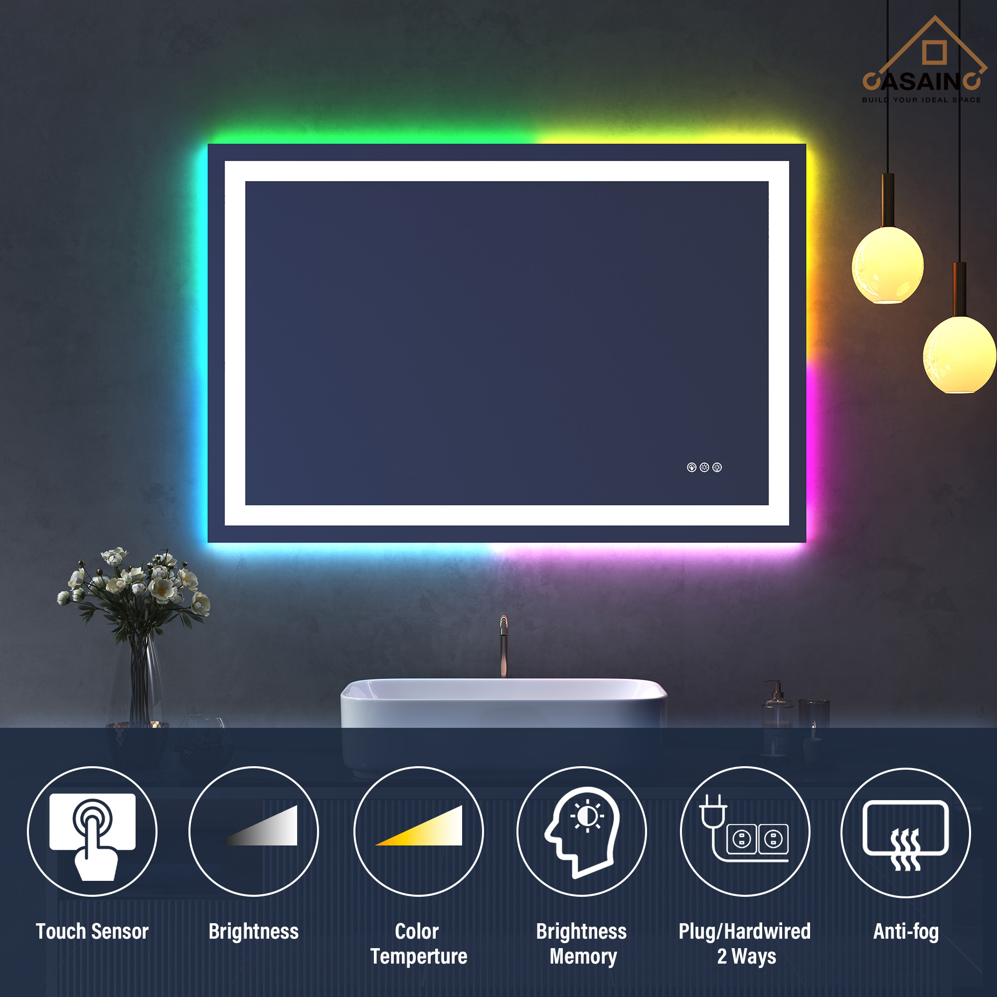 Tempered RGB LED Bathroom Mirror with Smart Controls & Anti-Fog