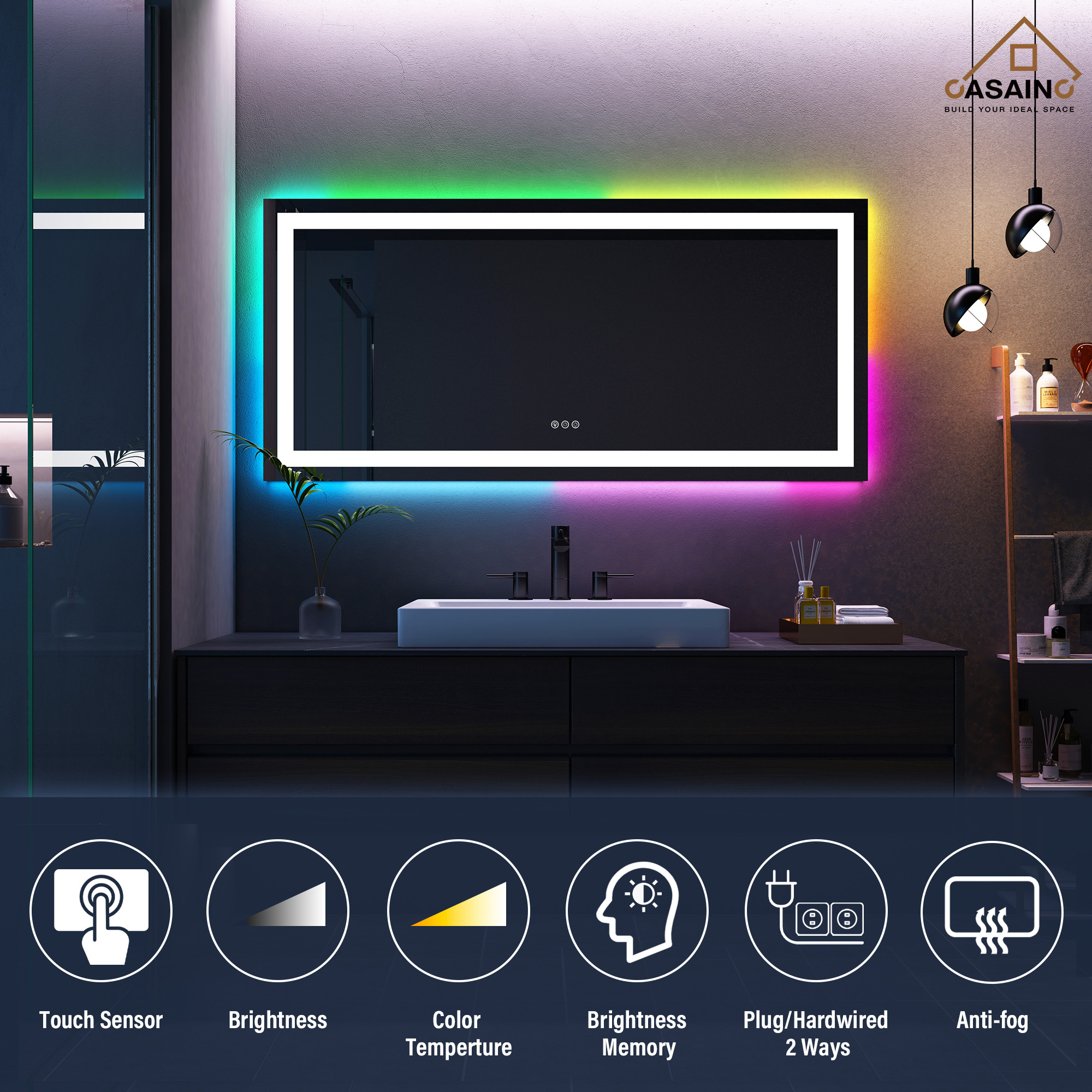 Tempered RGB LED Bathroom Mirror with Smart Controls & Anti-Fog