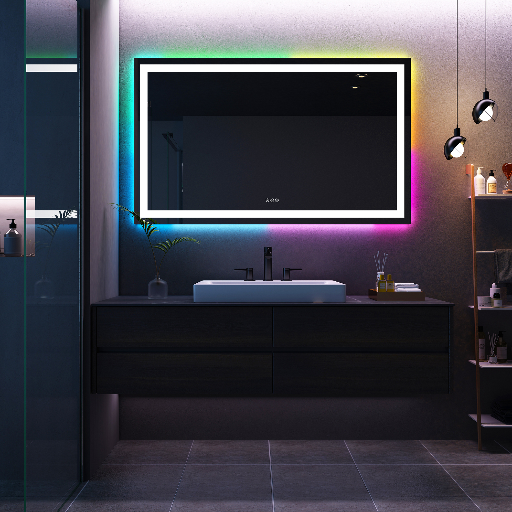 Tempered RGB LED Bathroom Mirror with Smart Controls & Anti-Fog