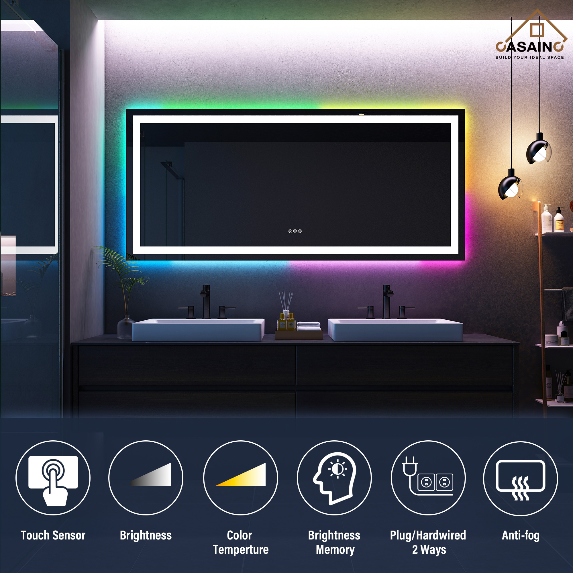 Tempered RGB LED Bathroom Mirror with Smart Controls & Anti-Fog