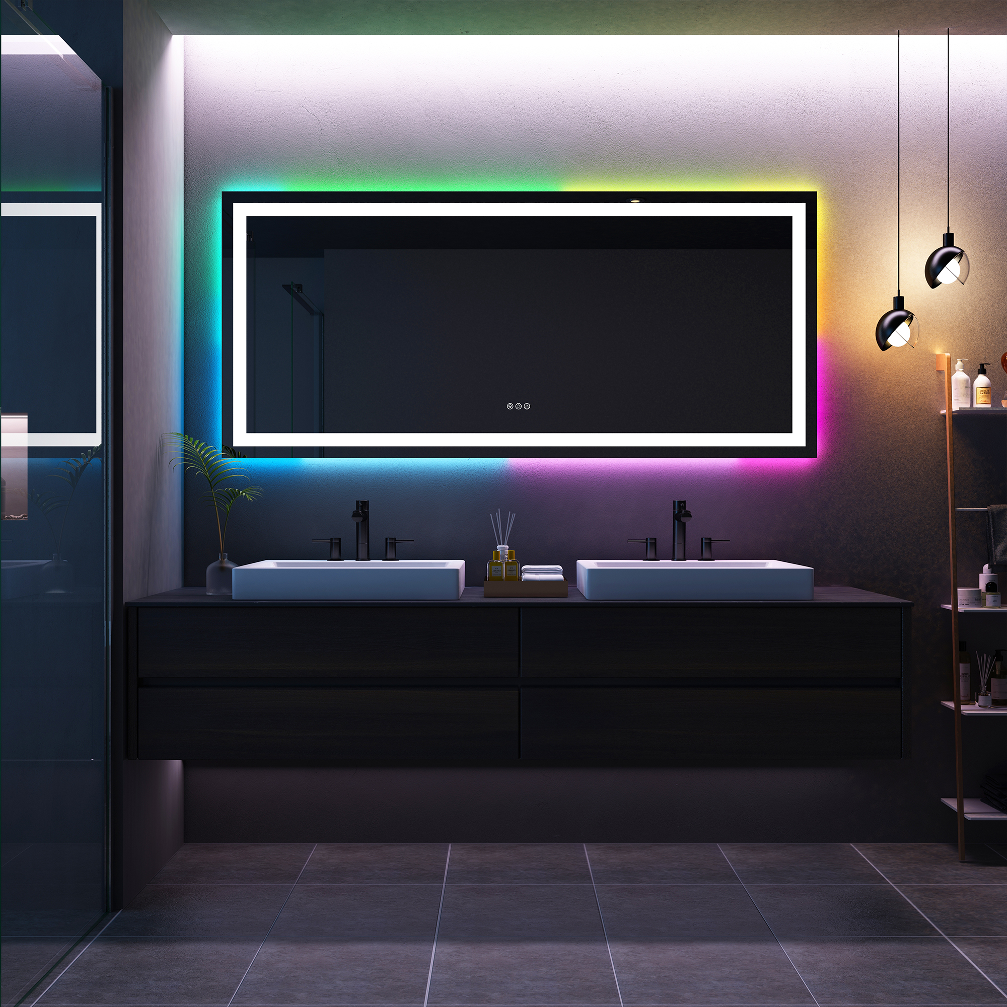 Tempered RGB LED Bathroom Mirror with Smart Controls & Anti-Fog