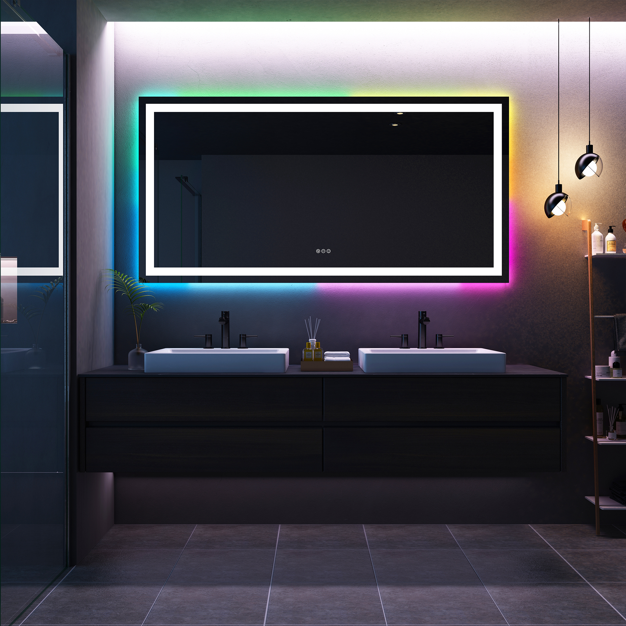 Tempered RGB LED Bathroom Mirror with Smart Controls & Anti-Fog