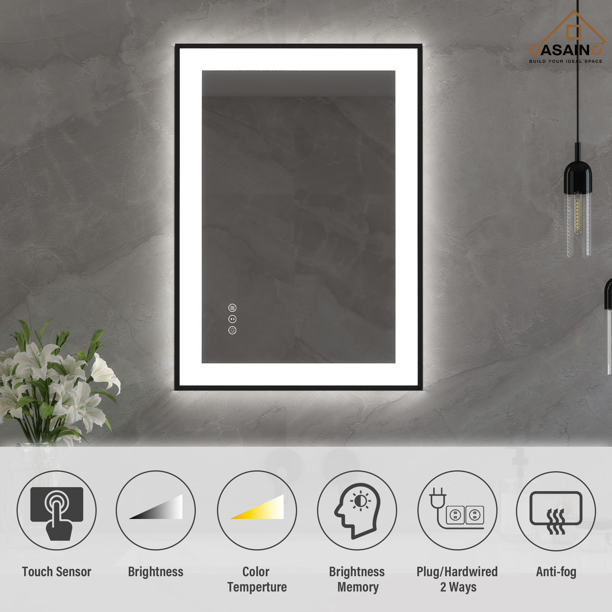 Tempered Glass LED Mirror with Aluminum Frame for Bathroom Vanity