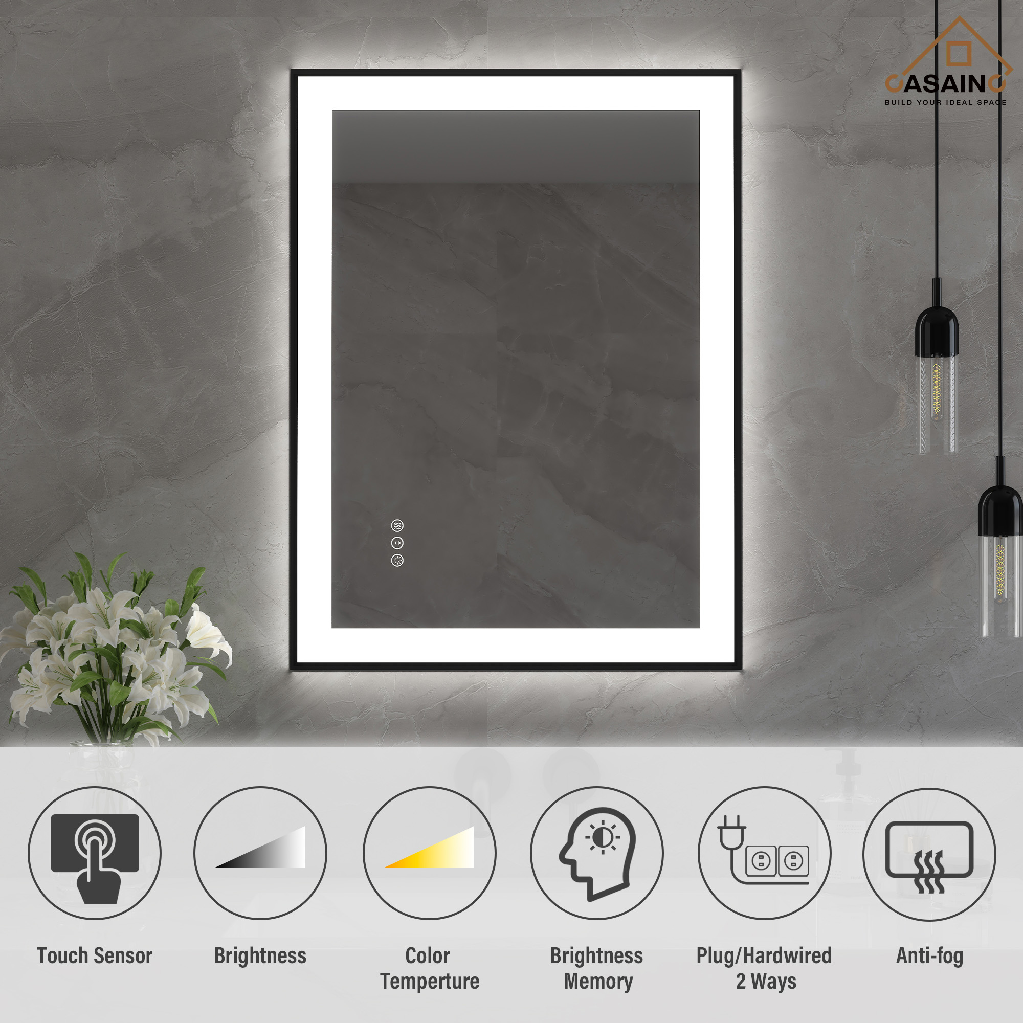 Tempered Glass LED Mirror with Aluminum Frame for Bathroom Vanity