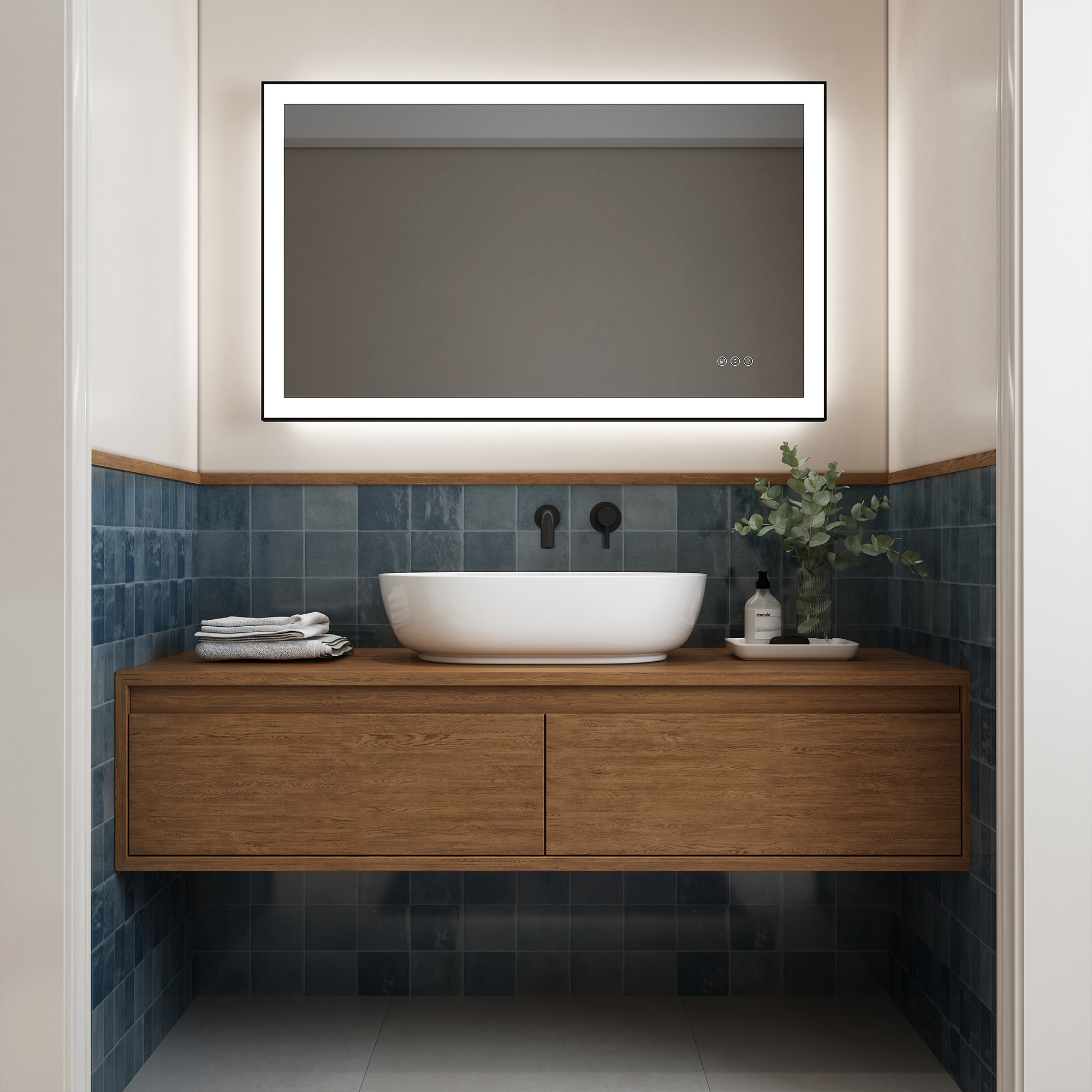 Tempered Glass LED Mirror with Aluminum Frame for Bathroom Vanity