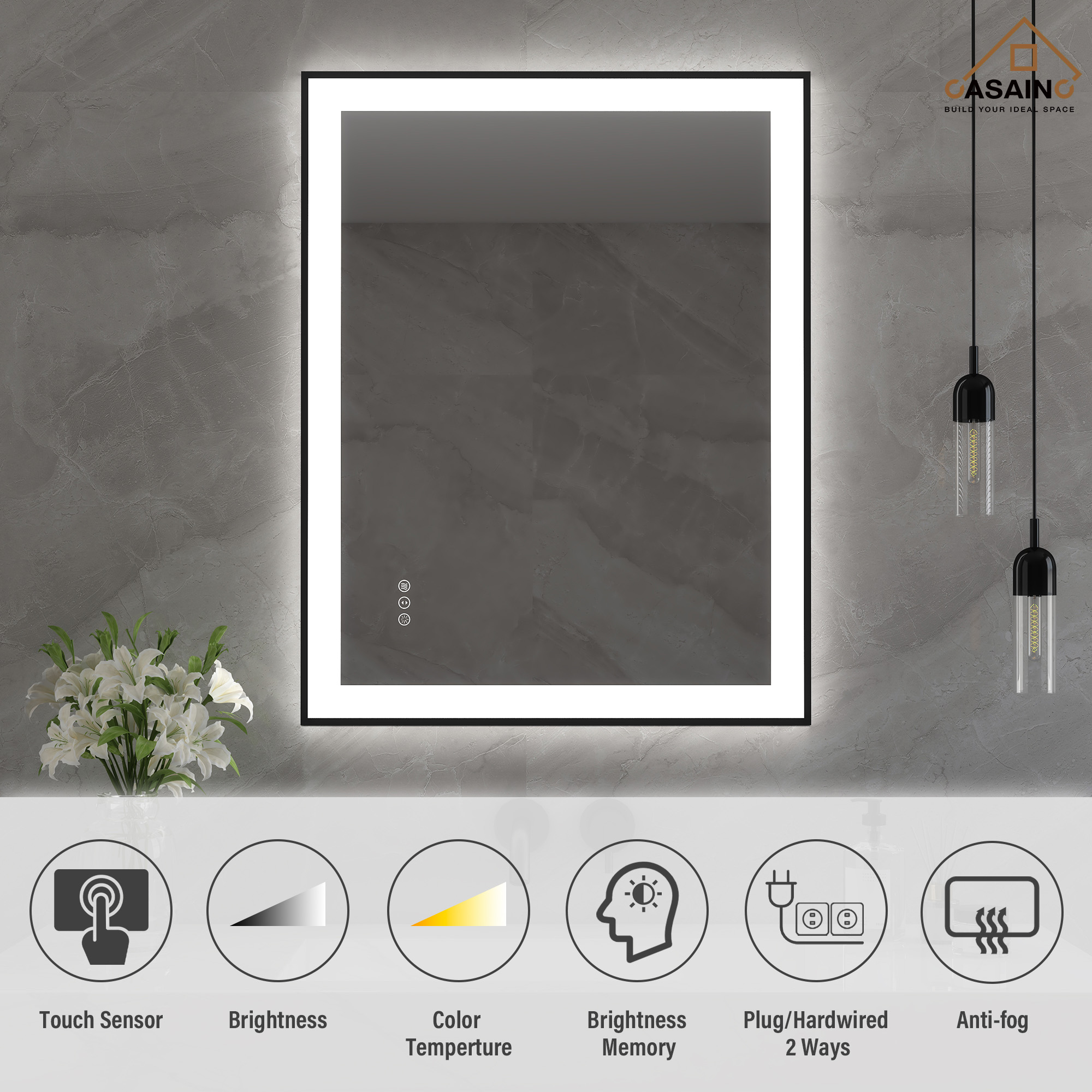 Tempered Glass LED Mirror with Aluminum Frame for Bathroom Vanity