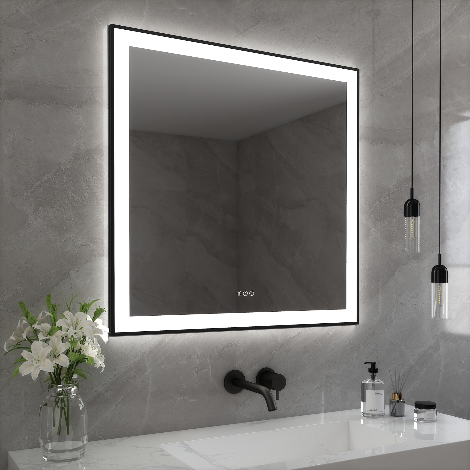 Tempered Glass LED Mirror with Aluminum Frame for Bathroom Vanity