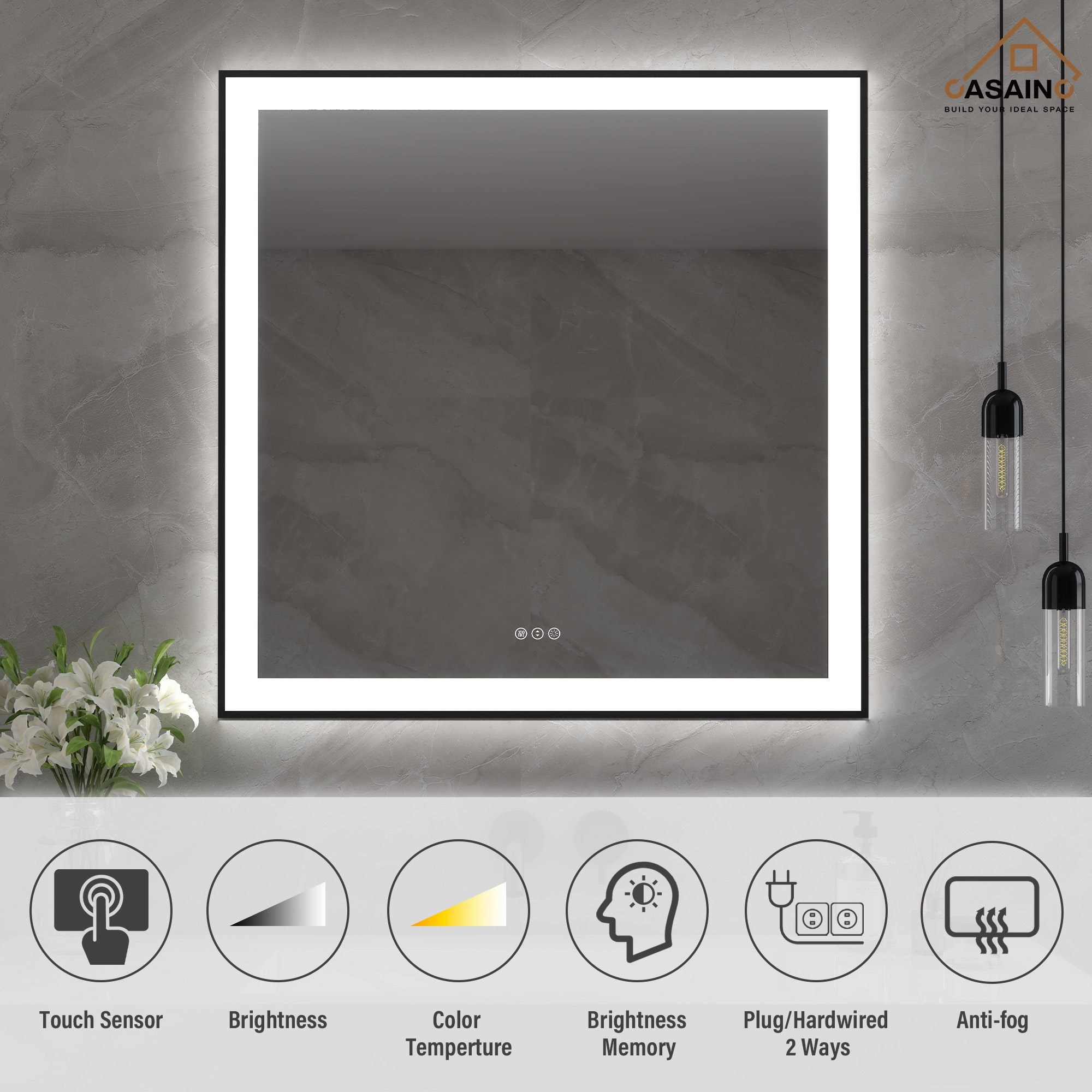 Tempered Glass LED Mirror with Aluminum Frame for Bathroom Vanity