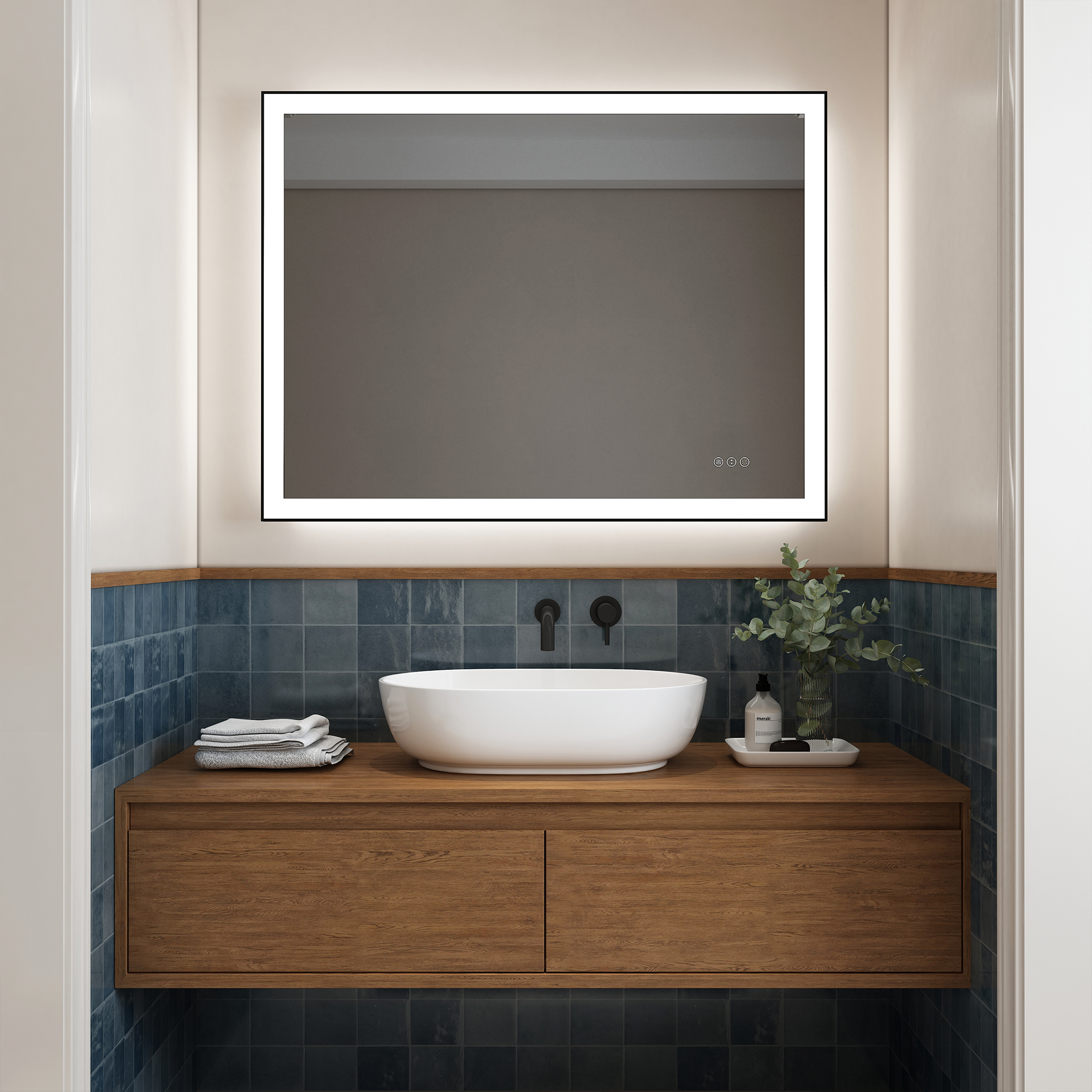 Tempered Glass LED Mirror with Aluminum Frame for Bathroom Vanity