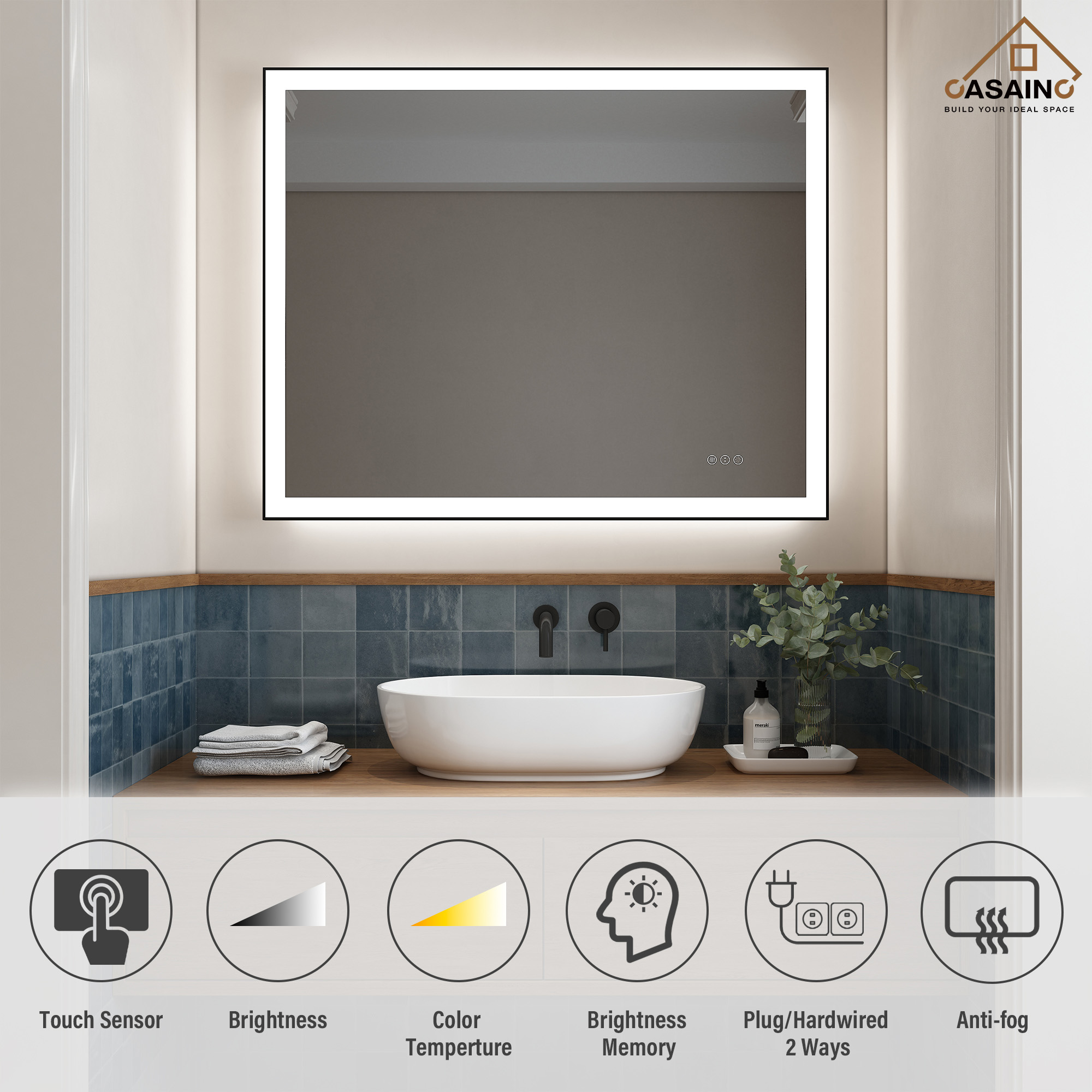 Tempered Glass LED Mirror with Aluminum Frame for Bathroom Vanity