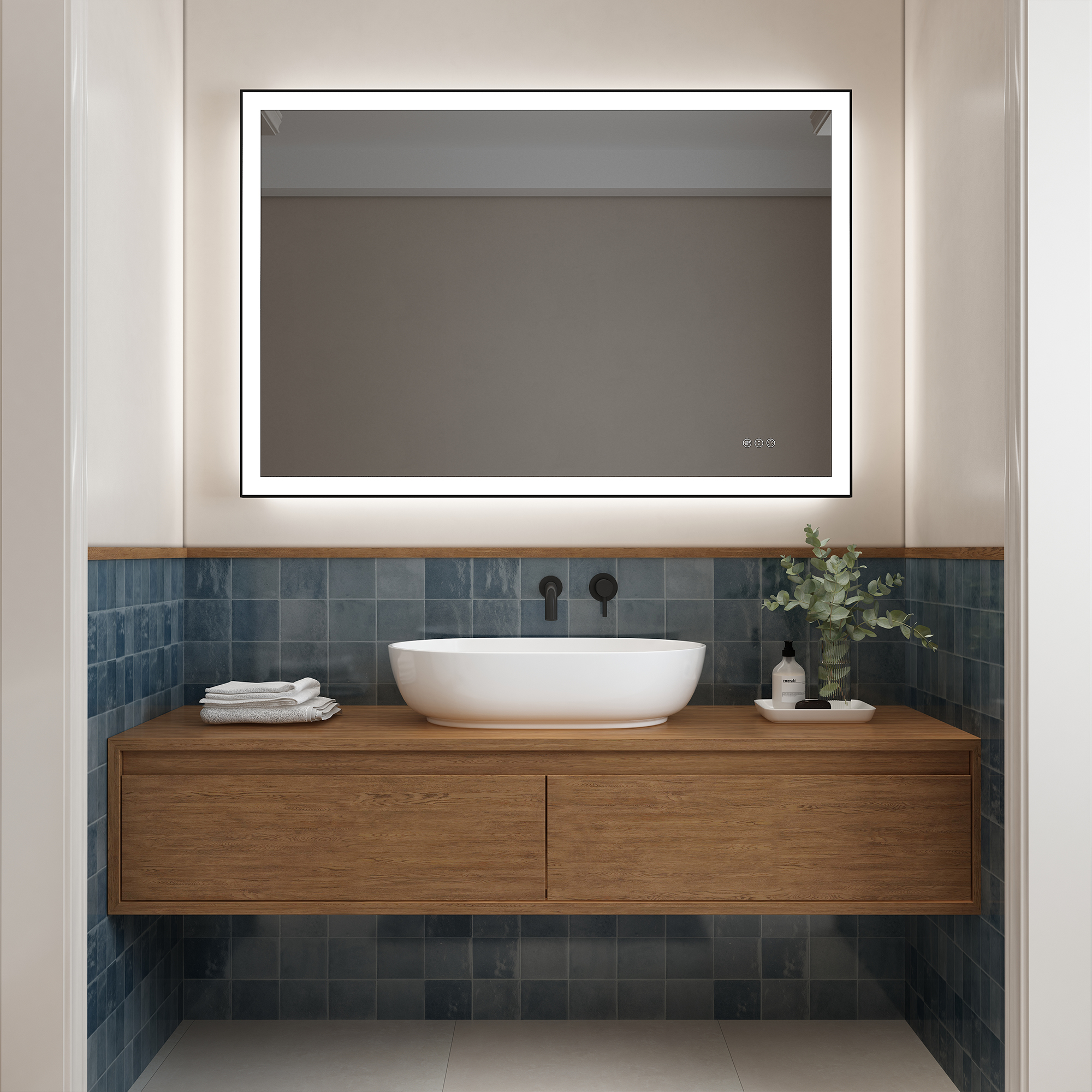 Tempered Glass LED Mirror with Aluminum Frame for Bathroom Vanity