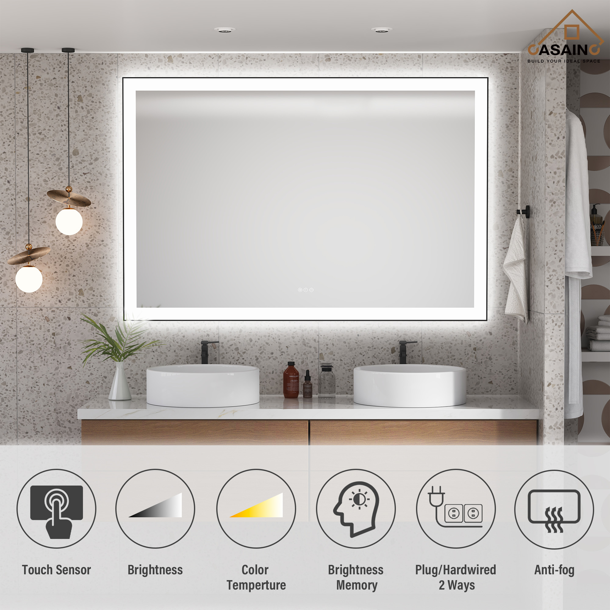 Tempered Glass LED Mirror with Aluminum Frame for Bathroom Vanity