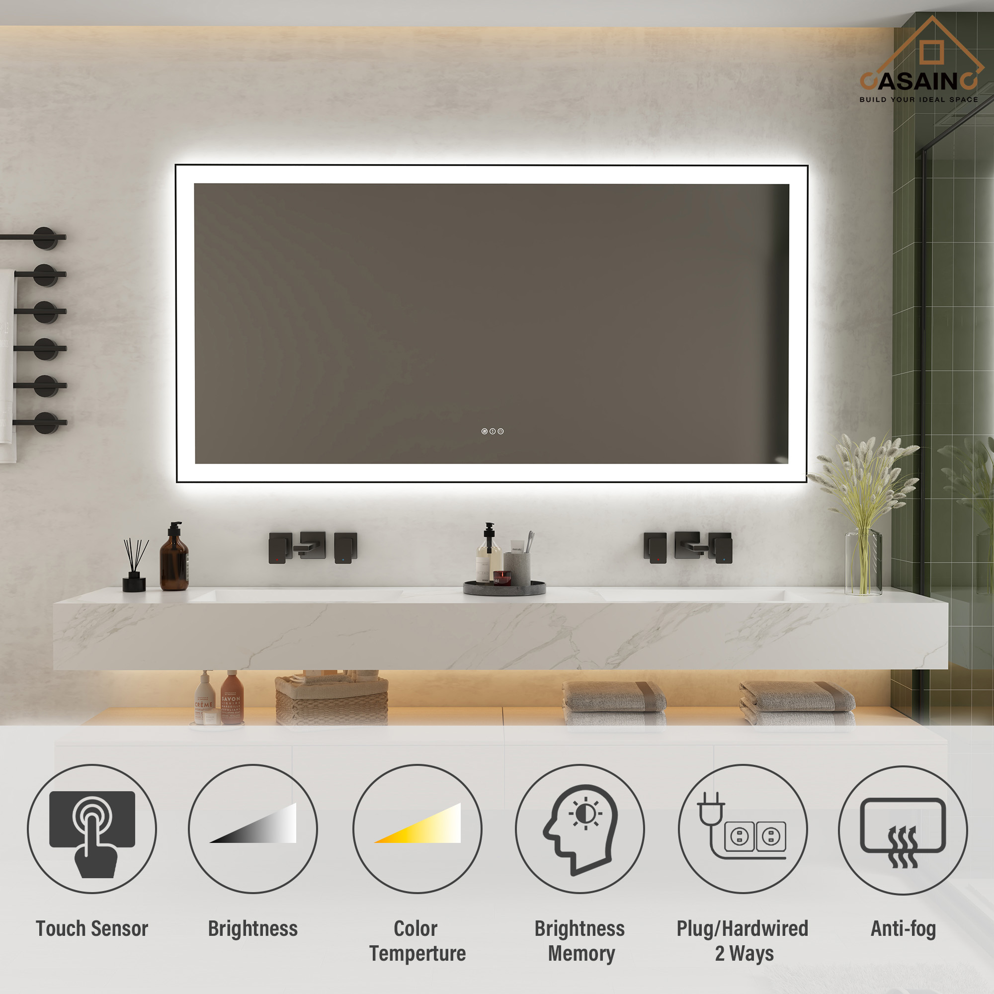 Tempered Glass LED Mirror with Aluminum Frame for Bathroom Vanity