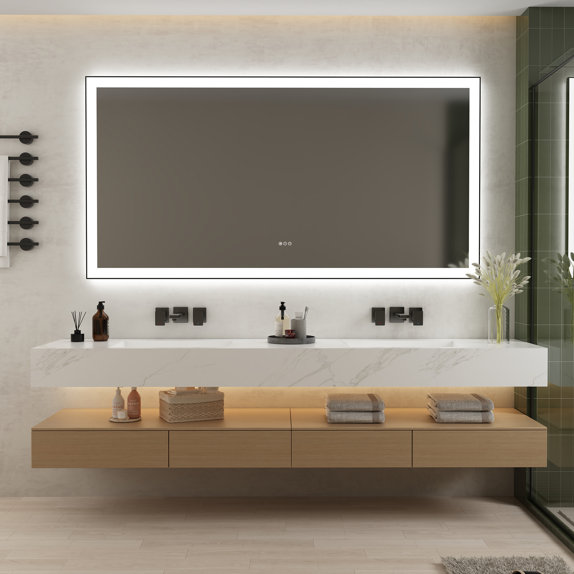 Tempered Glass LED Mirror with Aluminum Frame for Bathroom Vanity