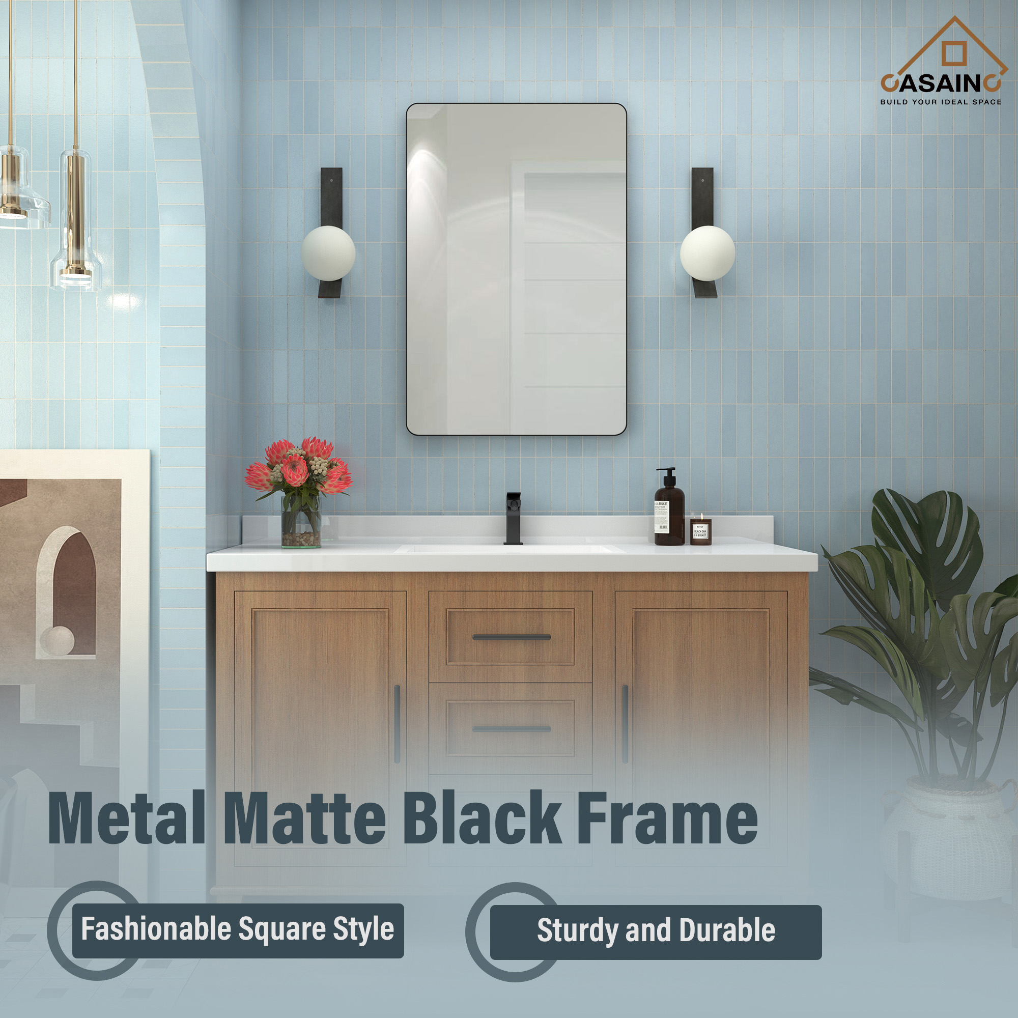 Wall-Mounted Vanity Mirror with Matte Black Metal Frame