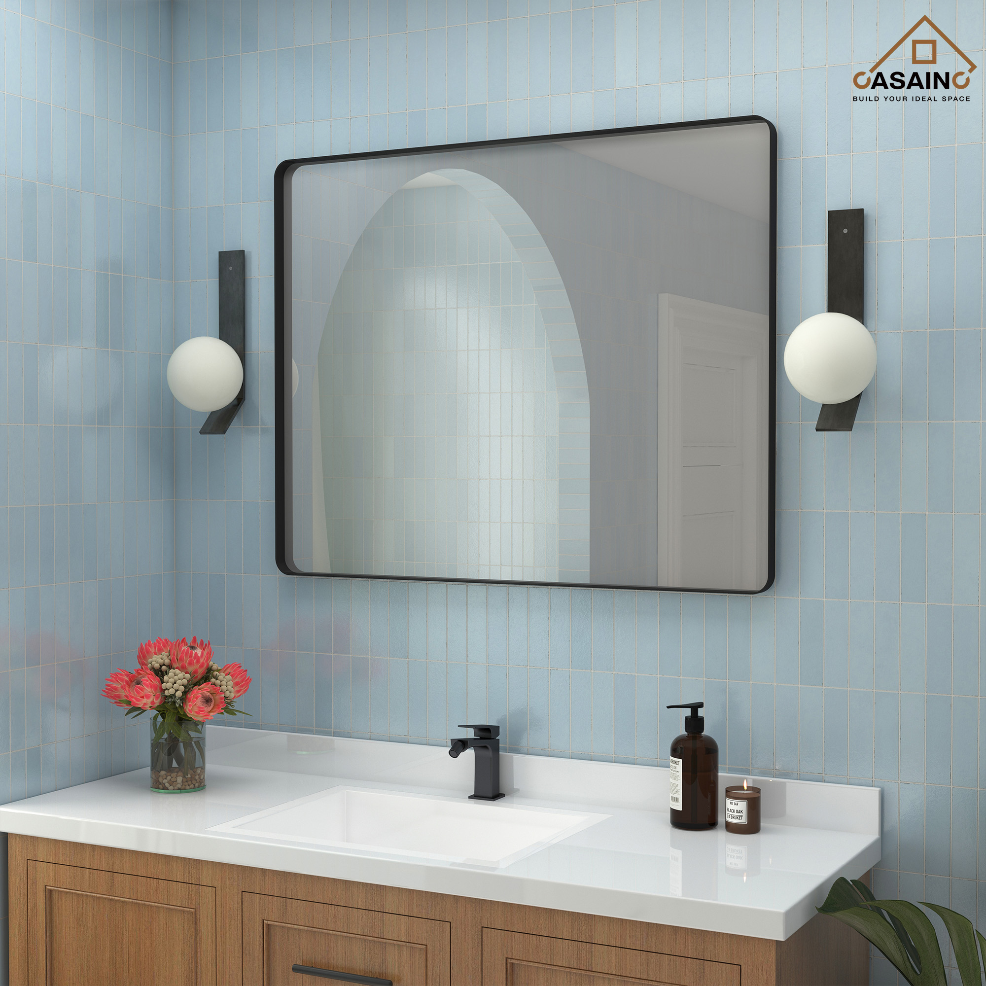 Wall-Mounted Vanity Mirror with Matte Black Metal Frame