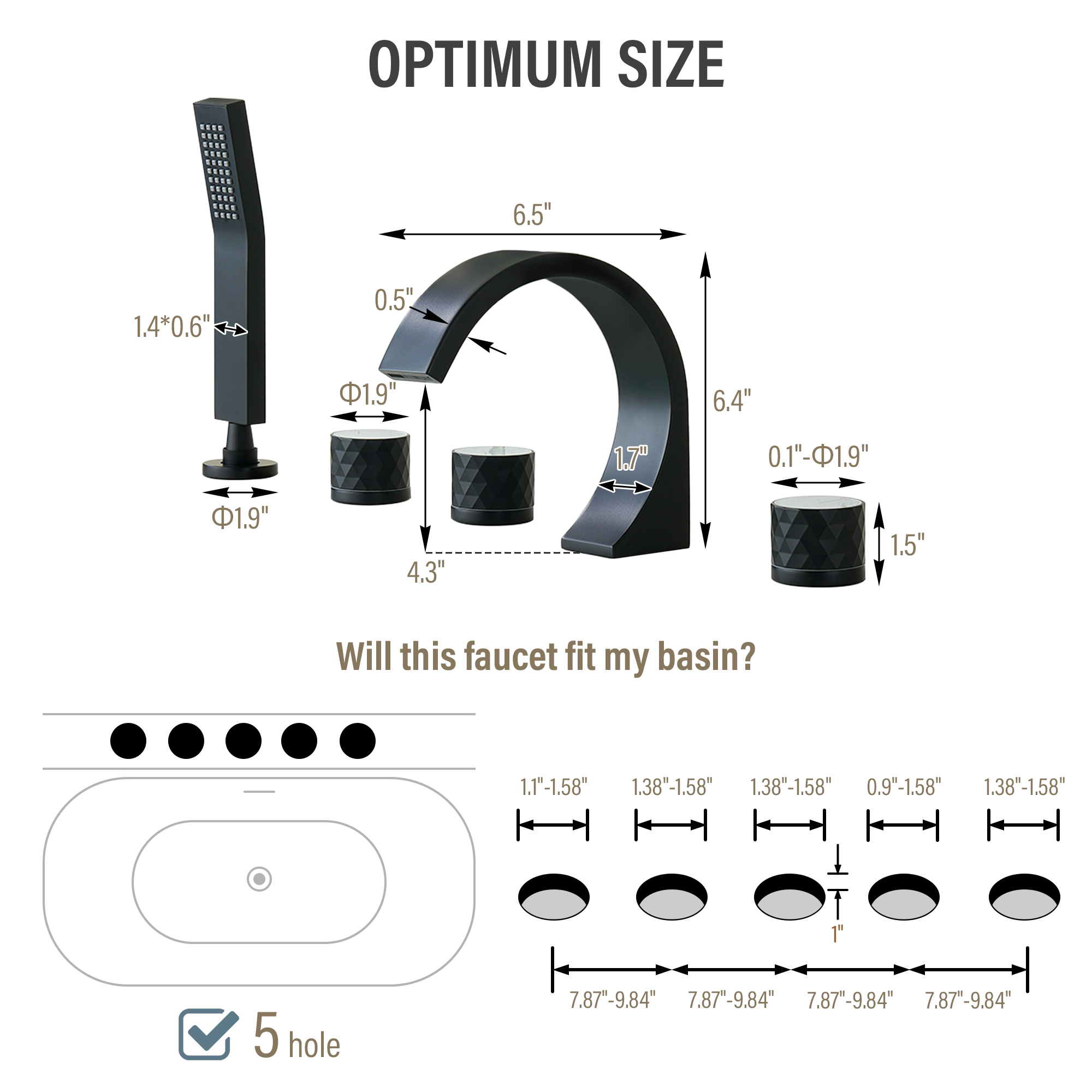 C-Shaped Curved Design 3-Handle Roman Bathtub Faucet with Hand Shower