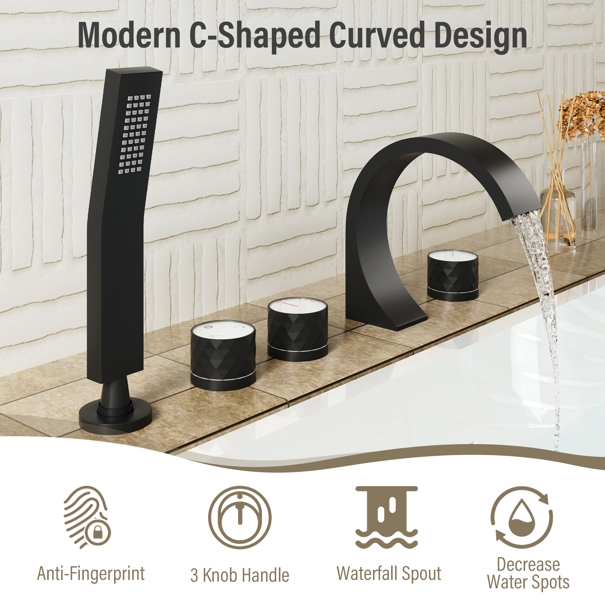 C-Shaped Curved Design 3-Handle Roman Bathtub Faucet with Hand Shower