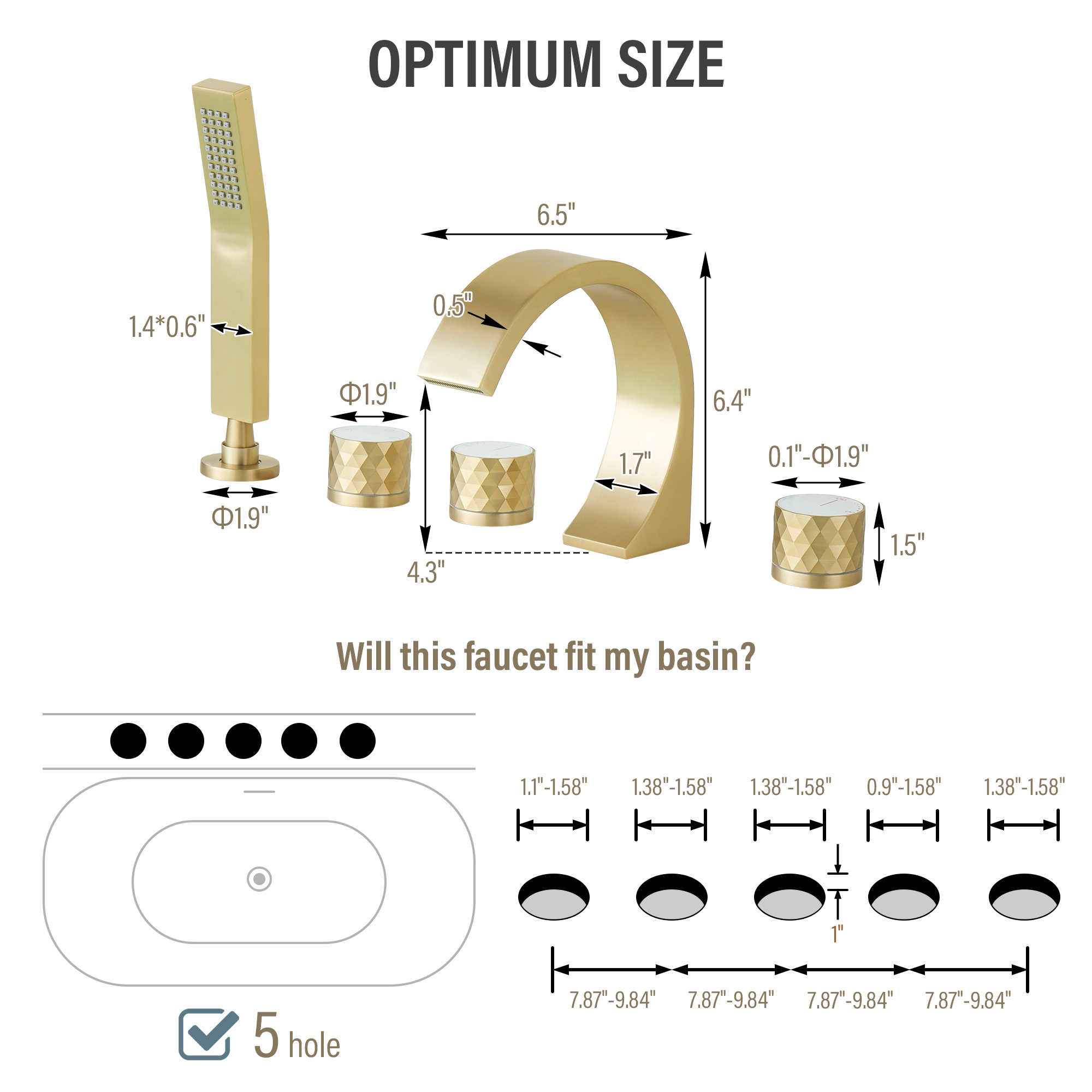C-Shaped Curved Design 3-Handle Roman Bathtub Faucet with Hand Shower
