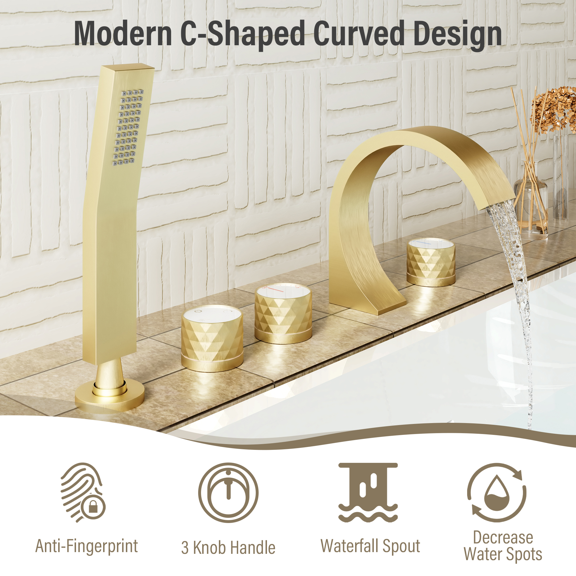 C-Shaped Curved Design 3-Handle Roman Bathtub Faucet with Hand Shower