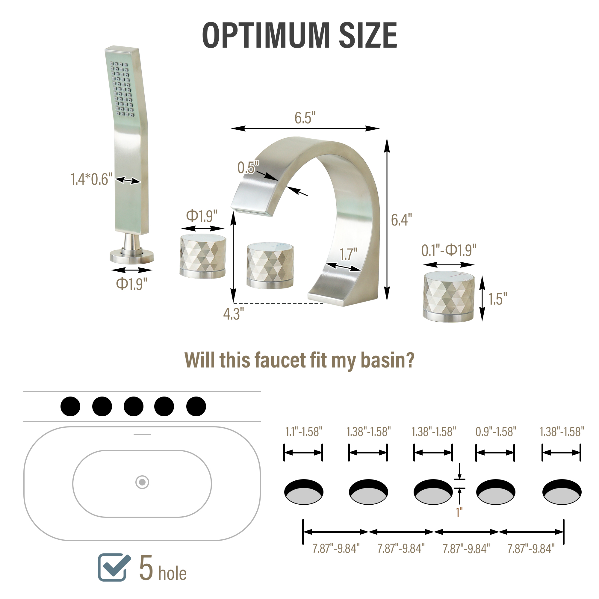 C-Shaped Curved Design 3-Handle Roman Bathtub Faucet with Hand Shower
