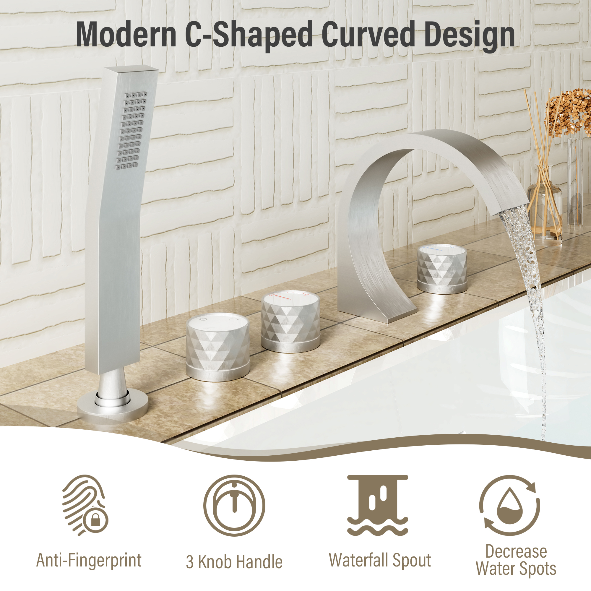 C-Shaped Curved Design 3-Handle Roman Bathtub Faucet with Hand Shower
