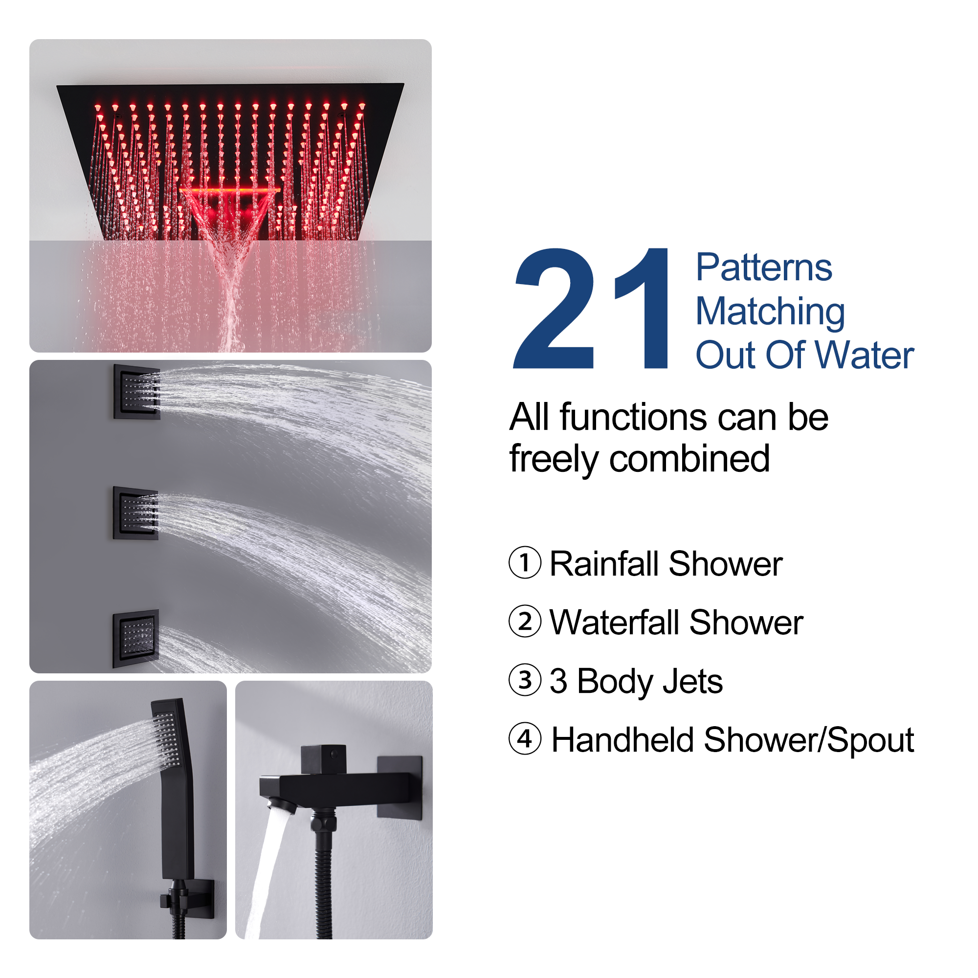 16" Ceiling-Mount 4-Way Shower System with LED Display and Music Player